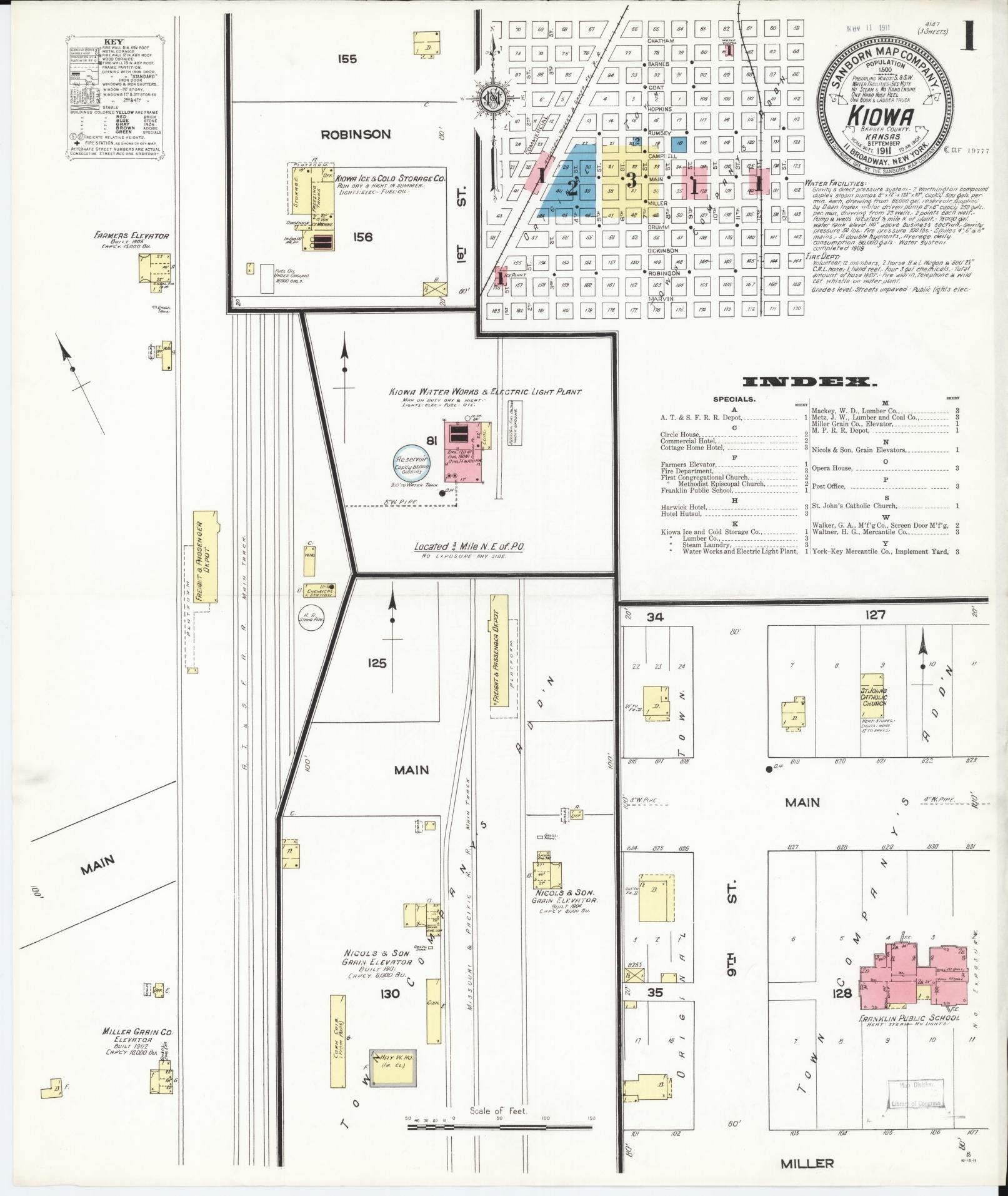 Sanborn Fire Insurance Map from Kiowa, Barber County, Kansas (1911), Sheet #0001 - Complete Map Set gallery image, historic Sanborn map, vintage wall art, Kansas Kansas