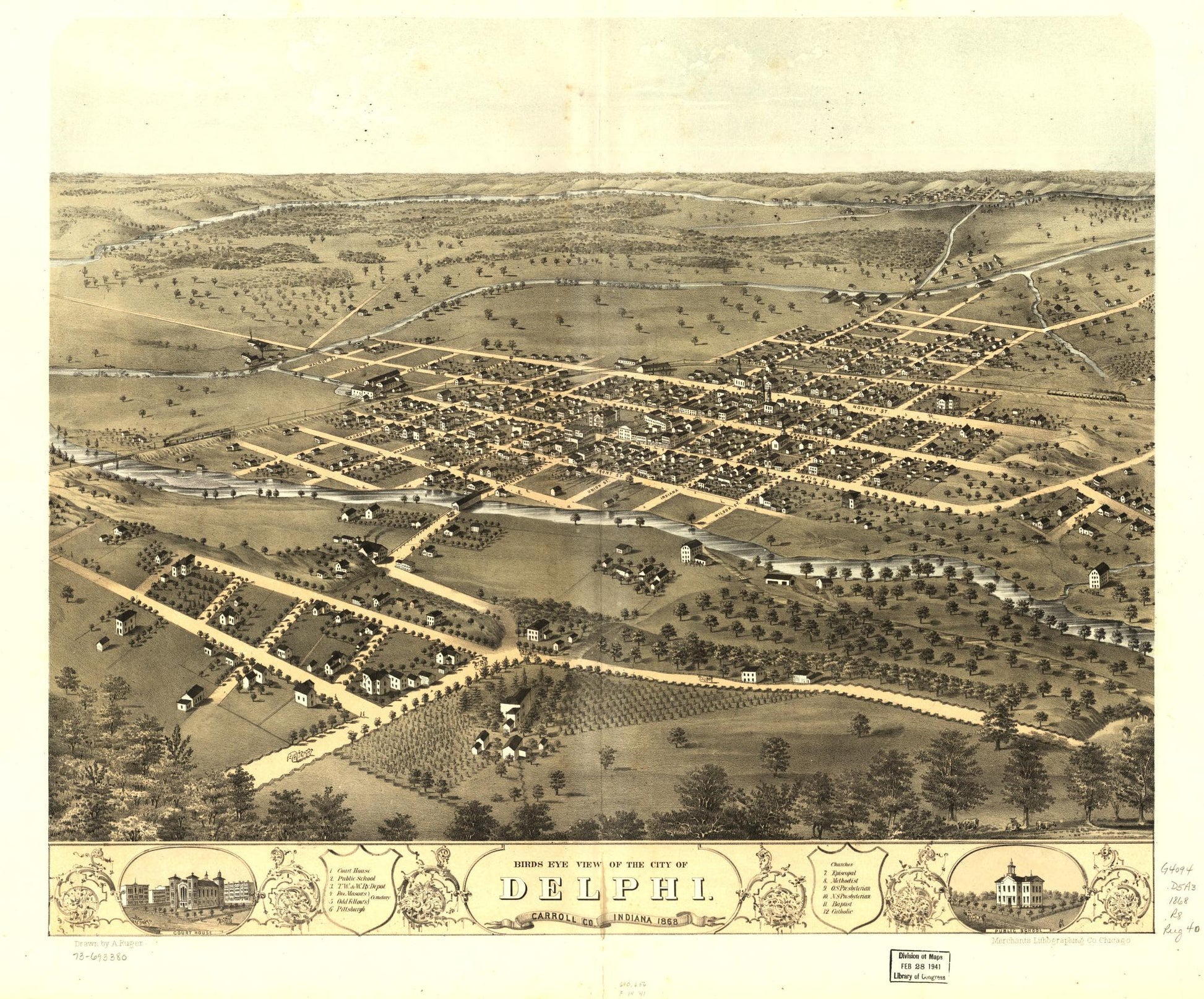 Bird's eye view of the city of Delphi, Carroll Co., Indiana 1868. (1868) – Historic Bird’s-Eye View Panorama Print