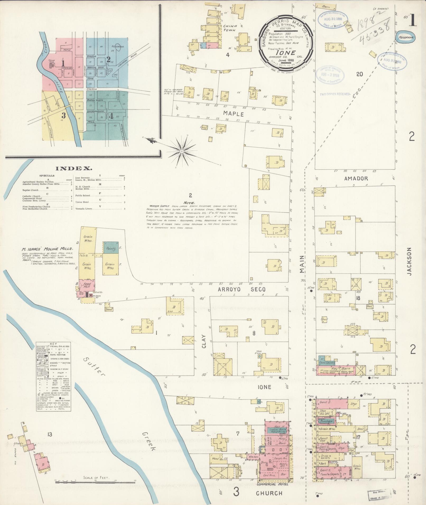 Sanborn Fire Insurance Map from Ione, Amador County, California (1898), Sheet #0001 - Historic Sanborn Fire Insurance Map Print, vintage old map wall art, antique decor, genealogy gift, California California map