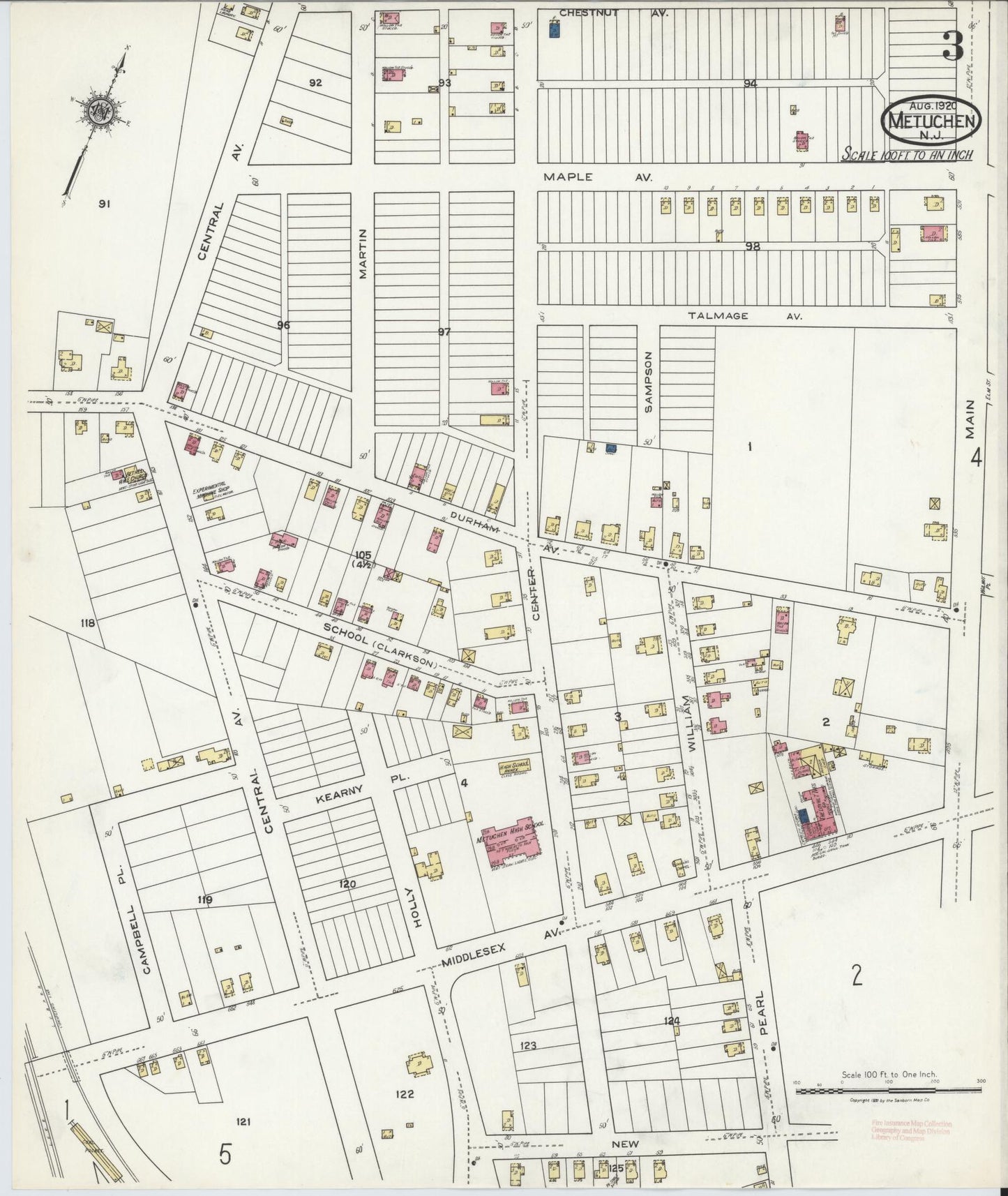 Sanborn Fire Insurance Map from Metuchen, Middlesex County, New Jersey (1920), Sheet #0003 - Historic Sanborn Fire Insurance Map Print, vintage old map wall art, antique decor, genealogy gift, New Jersey New Jersey map