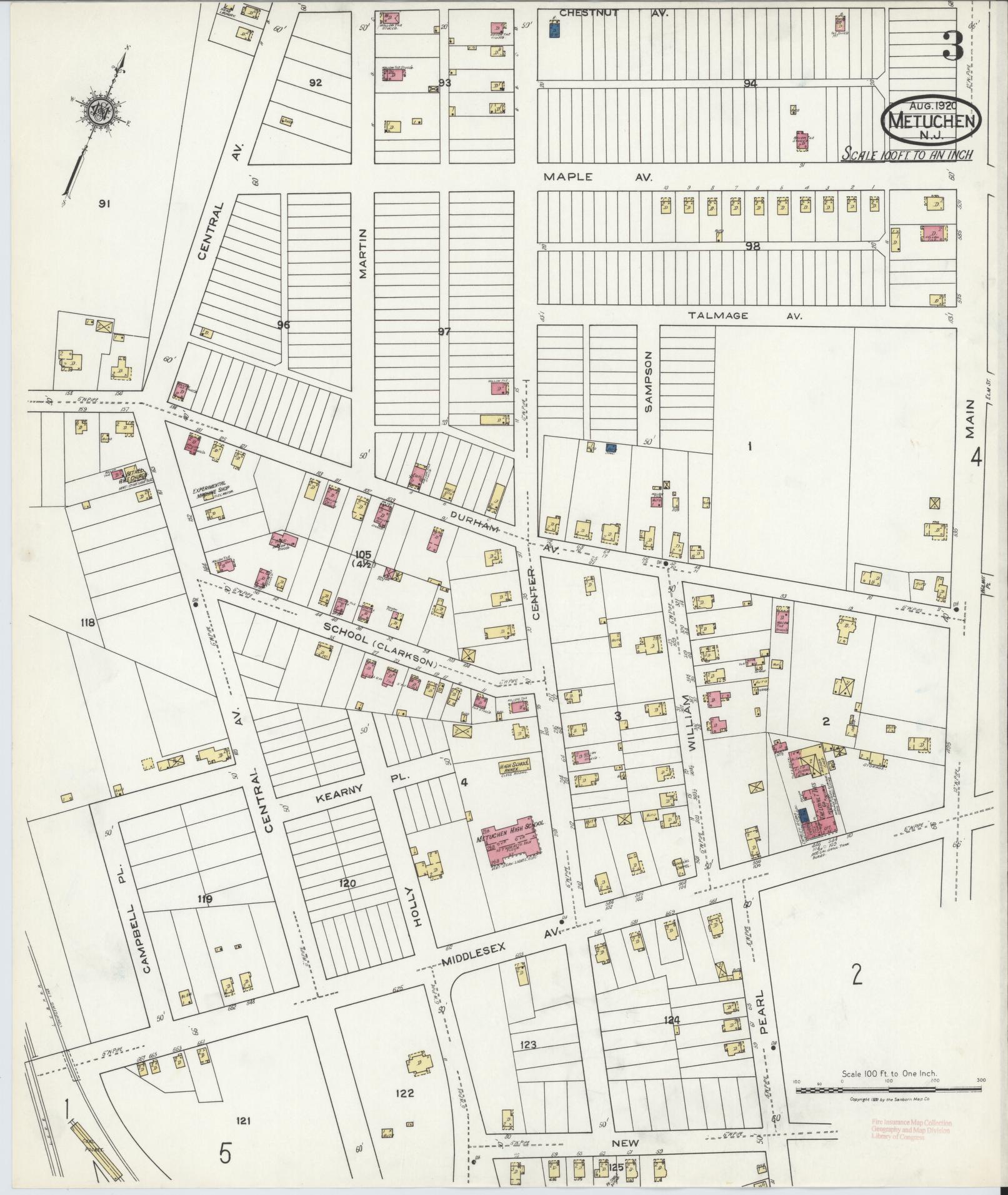 Sanborn Fire Insurance Map from Metuchen, Middlesex County, New Jersey (1920), Sheet #0003 - Historic Sanborn Fire Insurance Map Print, vintage old map wall art, antique decor, genealogy gift, New Jersey New Jersey map