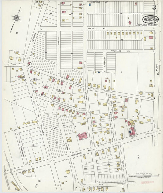 Sanborn Fire Insurance Map from Metuchen, Middlesex County, New Jersey (1920), Sheet #0003 - Historic Sanborn Fire Insurance Map Print, vintage old map wall art, antique decor, genealogy gift, New Jersey New Jersey map