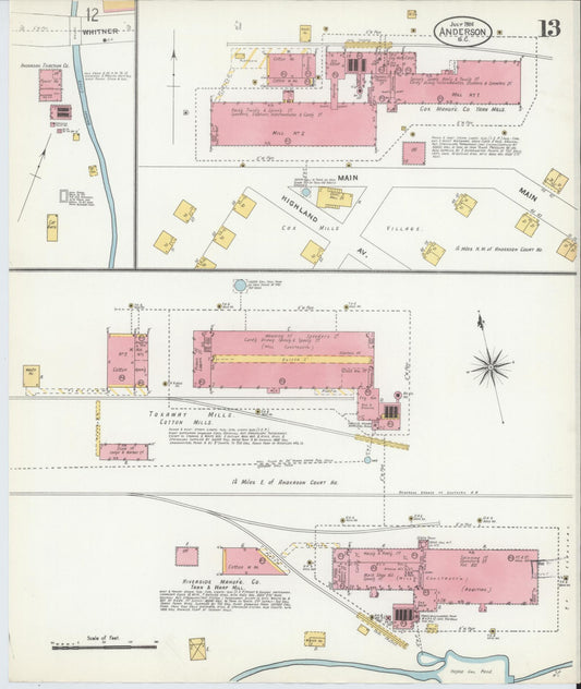 Sanborn Fire Insurance Map from Anderson, Anderson County, South Carolina (1906), Sheet #0013 - Historic Sanborn Fire Insurance Map Print, vintage old map wall art, antique decor, genealogy gift, South Carolina South Carolina map