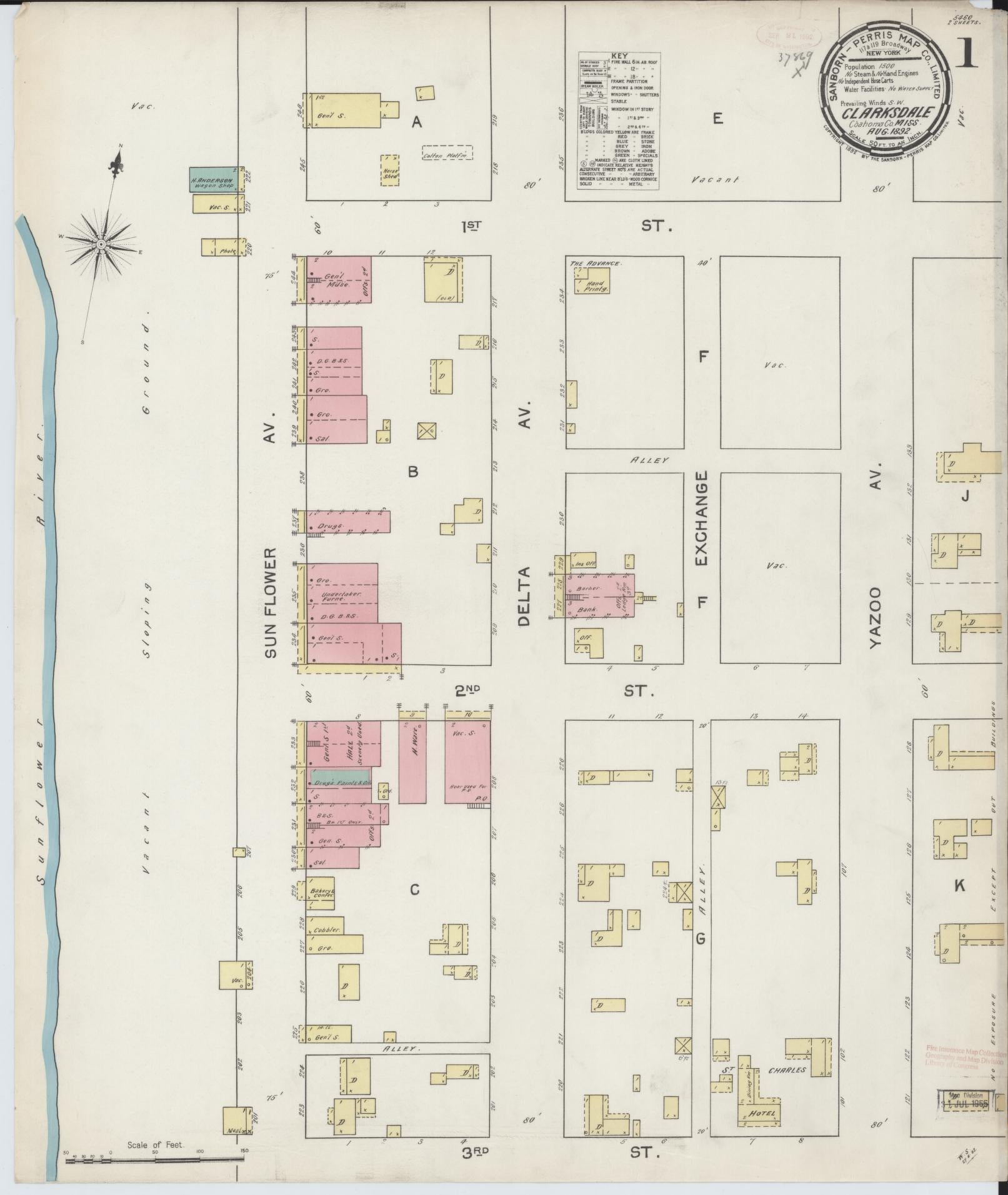 Sanborn Fire Insurance Map from Clarksdale, Coahoma County, Mississippi (1892), Sheet #0001 - Historic Sanborn Fire Insurance Map Print, vintage old map wall art, antique decor, genealogy gift, Mississippi Mississippi map