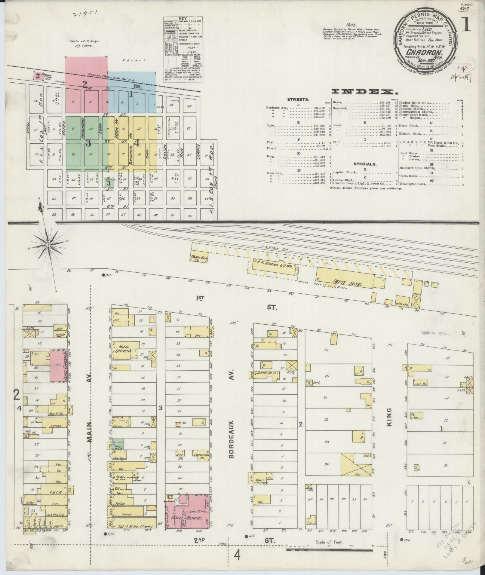 Sanborn Fire Insurance Map from Chadron, Dawes County, Nebraska (1897), Sheet #0001 - Historic Sanborn Fire Insurance Map Print, vintage old map wall art, antique decor, genealogy gift, Nebraska Nebraska map