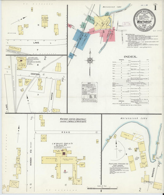 Sanborn Fire Insurance Map from Winthrop, Kennebec County, Maine (1911), Sheet #0001 - Historic Sanborn Fire Insurance Map Print, vintage old map wall art, antique decor, genealogy gift, Maine Maine map