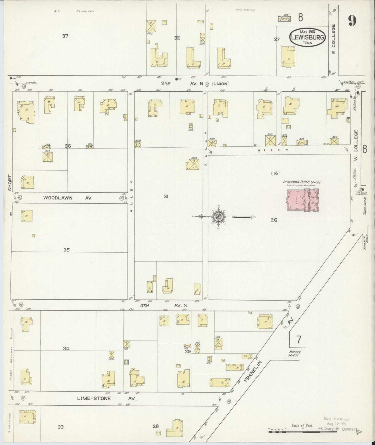 Sanborn Fire Insurance Map from Lewisburg, Marshall County, Tennessee (1914), Sheet #0009 - Complete Map Set gallery image, historic Sanborn map, vintage wall art, Tennessee Tennessee