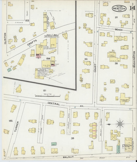 Sanborn Fire Insurance Map from Newton, Middlesex County, Massachusetts (1892), Sheet #0014 - Historic Sanborn Fire Insurance Map Print, vintage old map wall art, antique decor, genealogy gift, Massachusetts Massachusetts map