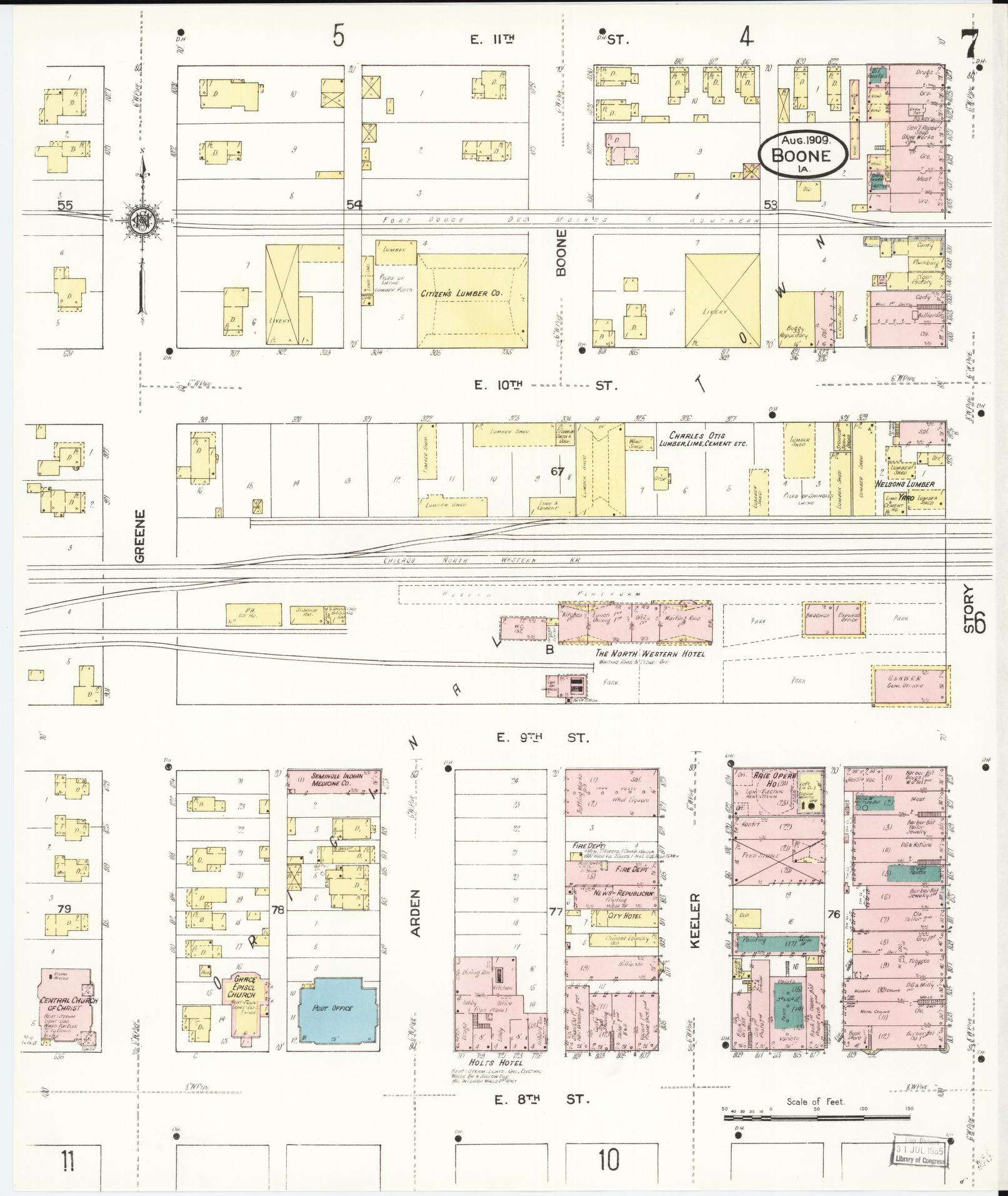 Sanborn Fire Insurance Map from Boone, Boone County, Iowa (1909), Sheet #0007 - Historic Sanborn Fire Insurance Map Print, vintage old map wall art