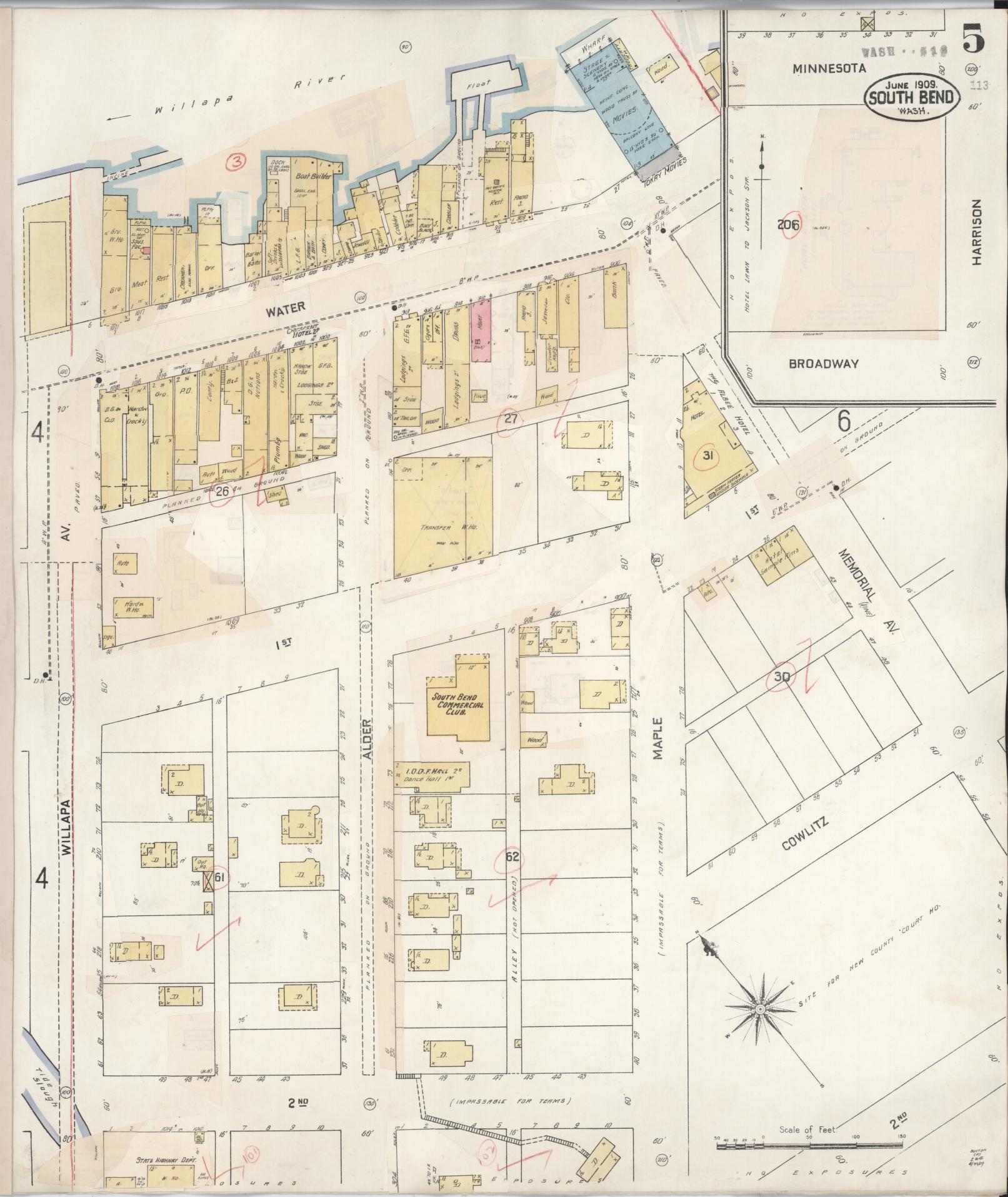 Sanborn Fire Insurance Map from South Bend, Pacific County, Washington (1929), Sheet #0007 - Historic Sanborn Fire Insurance Map Print, vintage old map wall art, antique decor, genealogy gift, Washington Washington map