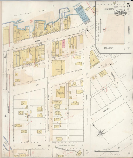 Sanborn Fire Insurance Map from South Bend, Pacific County, Washington (1929), Sheet #0007 - Historic Sanborn Fire Insurance Map Print, vintage old map wall art, antique decor, genealogy gift, Washington Washington map