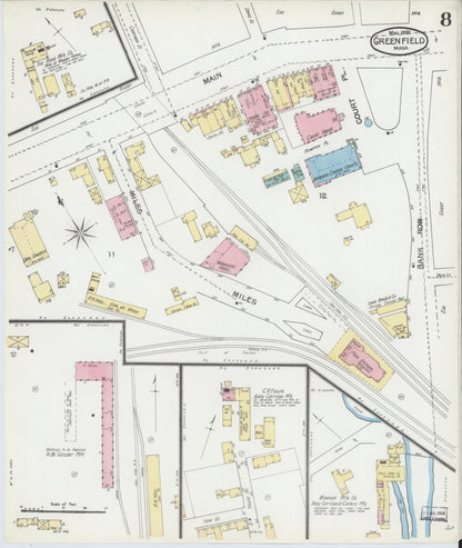 Sanborn Fire Insurance Map from Greenfield, Franklin County, Massachusetts (1892), Sheet #0008 - Historic Sanborn Fire Insurance Map Print, vintage old map wall art, antique decor, genealogy gift, Massachusetts Massachusetts map