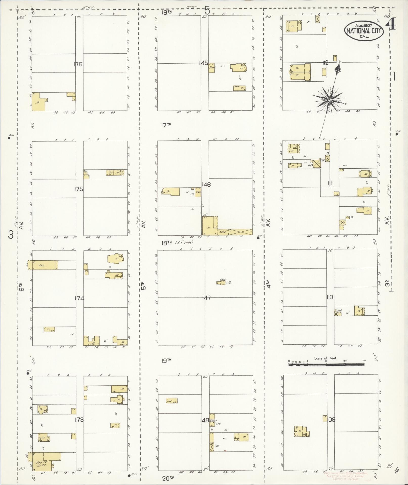 Sanborn Fire Insurance Map from National City, San Diego County, California (1907), Sheet #0004 - Complete Map Set gallery image, historic Sanborn map, vintage wall art, California California