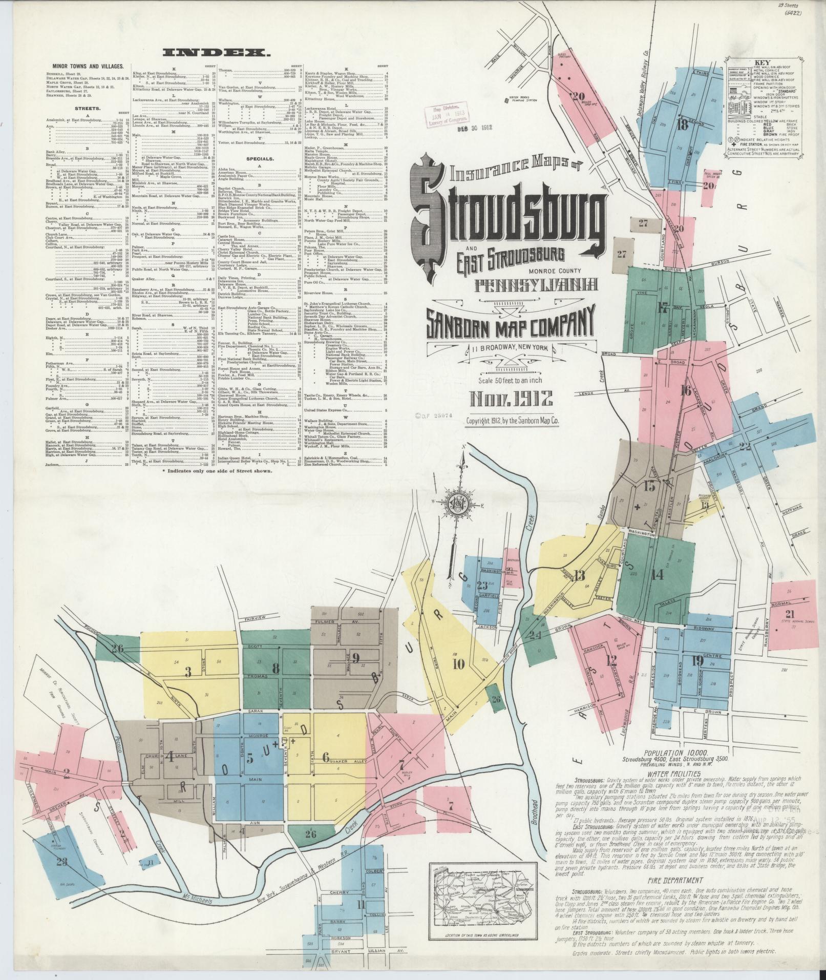 Sanborn Fire Insurance Map from Stroudsburg, Monroe County, Pennsylvania (1912), Sheet #0001 - Complete Map Set gallery image, historic Sanborn map, vintage wall art, Pennsylvania Pennsylvania