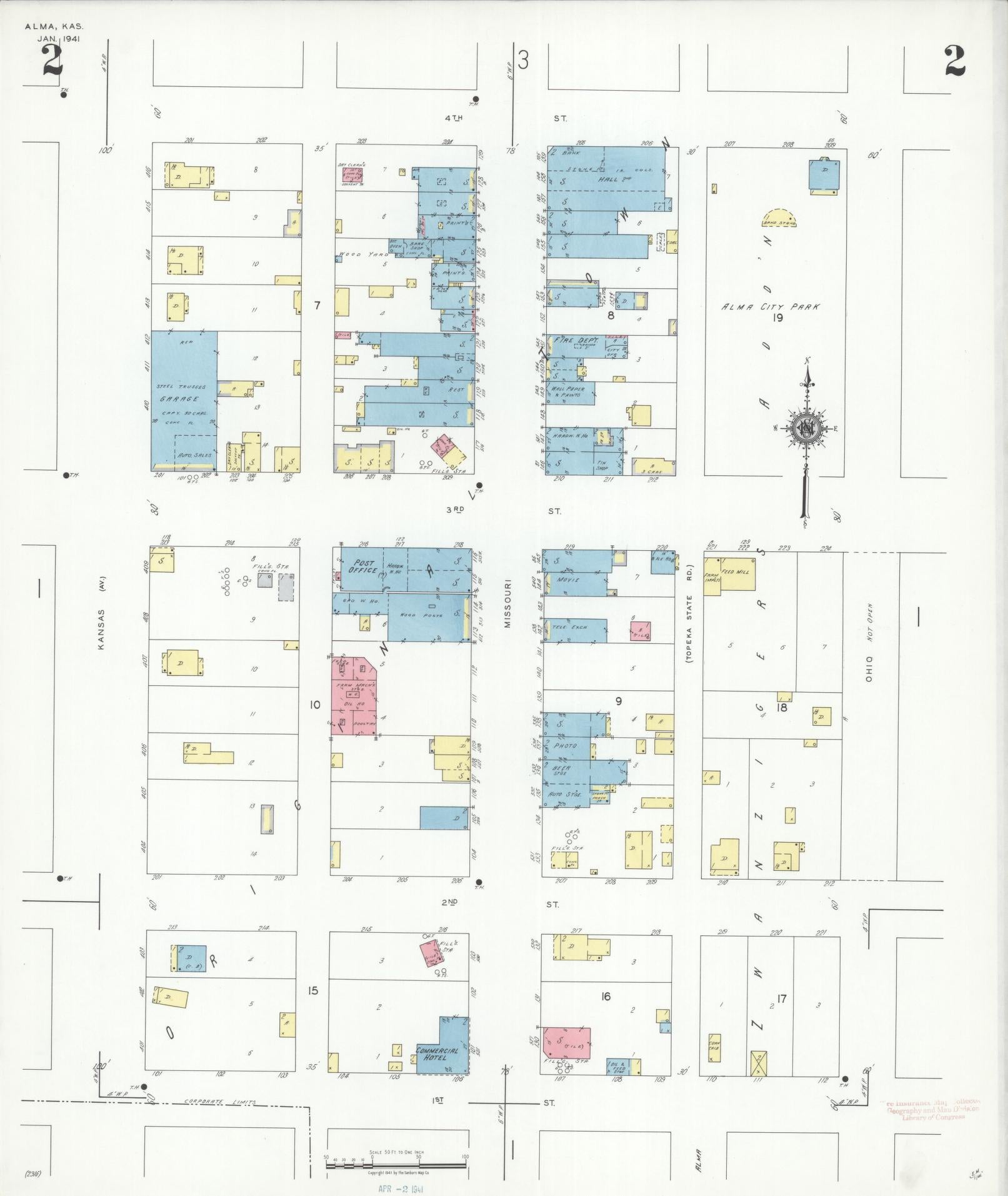 Sanborn Fire Insurance Map from Alma, Wabaunsee County, Kansas (1941), Sheet #0002 - Complete Map Set gallery image, historic Sanborn map, vintage wall art, Kansas Kansas