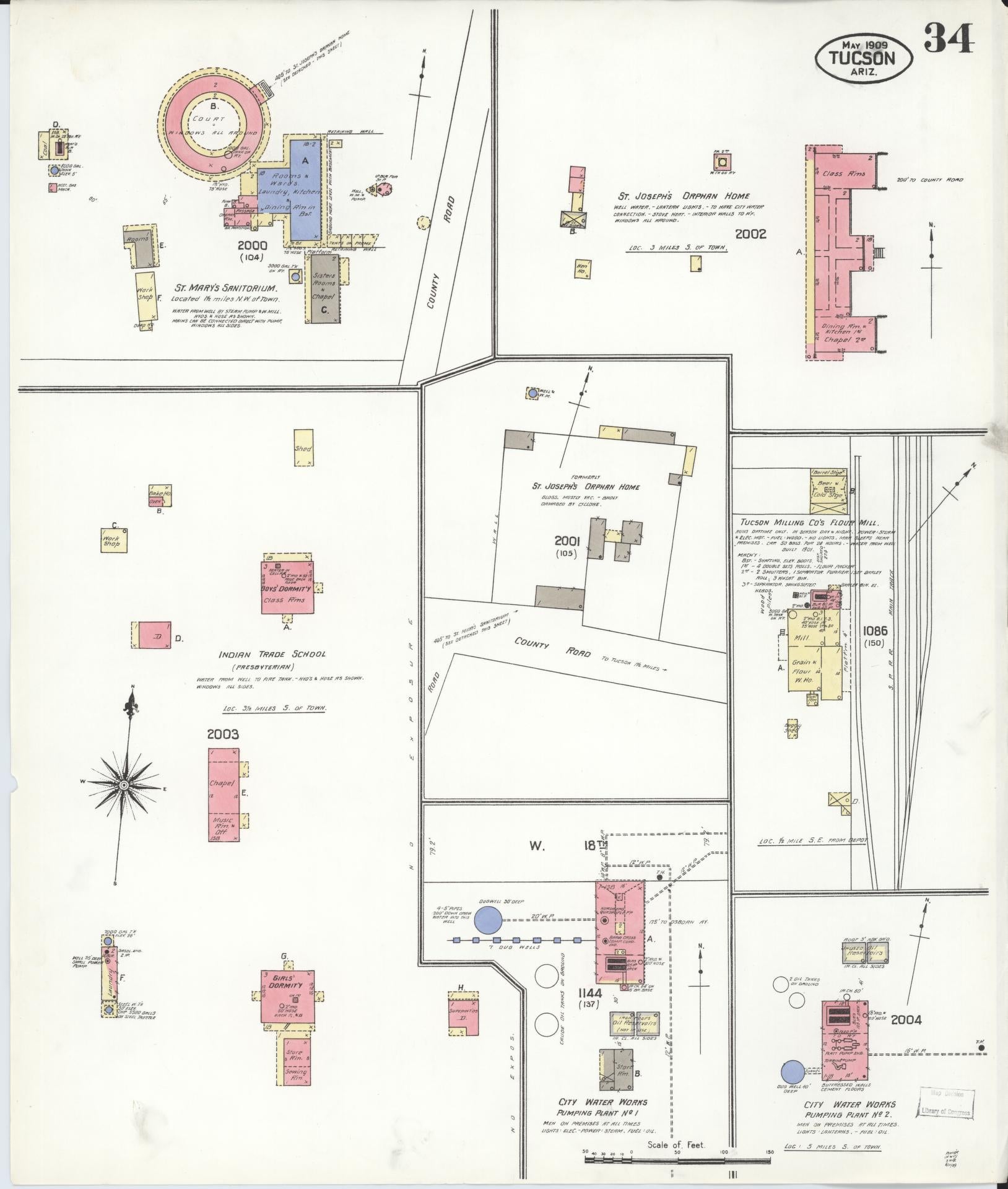 Sanborn Fire Insurance Map from Tucson, Pima County, Arizona (1909), Sheet #0034 - Historic Sanborn Fire Insurance Map Print, vintage old map wall art, antique decor, genealogy gift, Arizona Arizona map