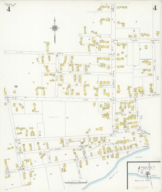 Sanborn Fire Insurance Map from Machias, Washington County, Maine (1938), Sheet #0004 - Historic Sanborn Fire Insurance Map Print, vintage old map wall art, antique decor, genealogy gift, Maine Maine map