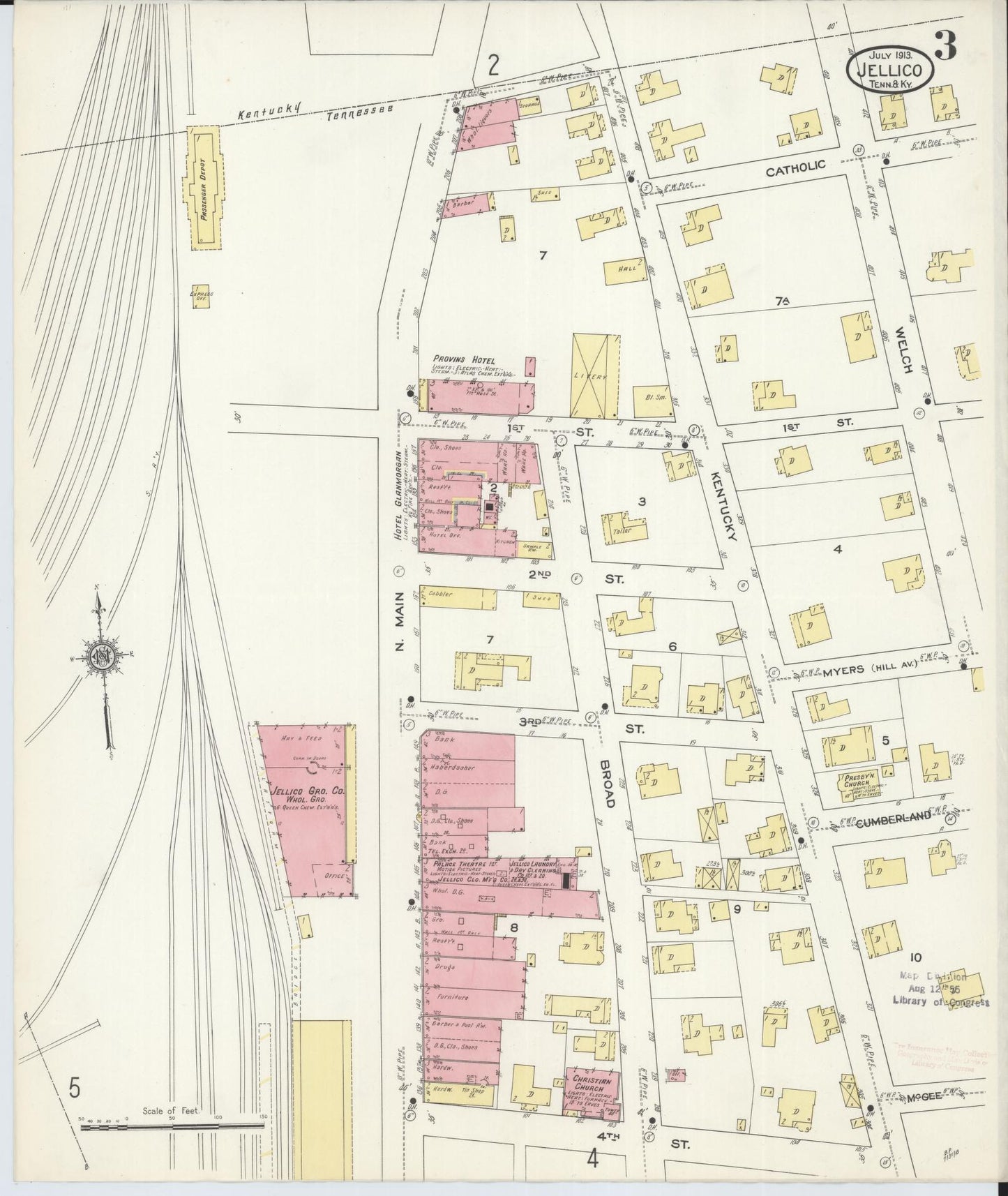Sanborn Fire Insurance Map from Jellico, Whitley County, Ky., and Campbell County, Tenna, Kentucky (1913), Sheet #0003 - Historic Sanborn Fire Insurance Map Print, vintage old map wall art, antique decor, genealogy gift, Kentucky Kentucky map
