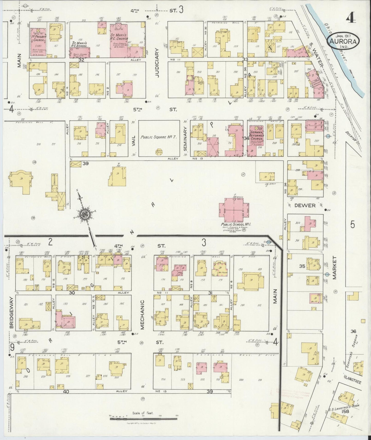 Sanborn Fire Insurance Map from Aurora, Dearborn County, Indiana (1917), Sheet #0004 - Complete Map Set gallery image, historic Sanborn map, vintage wall art, Indiana Indiana