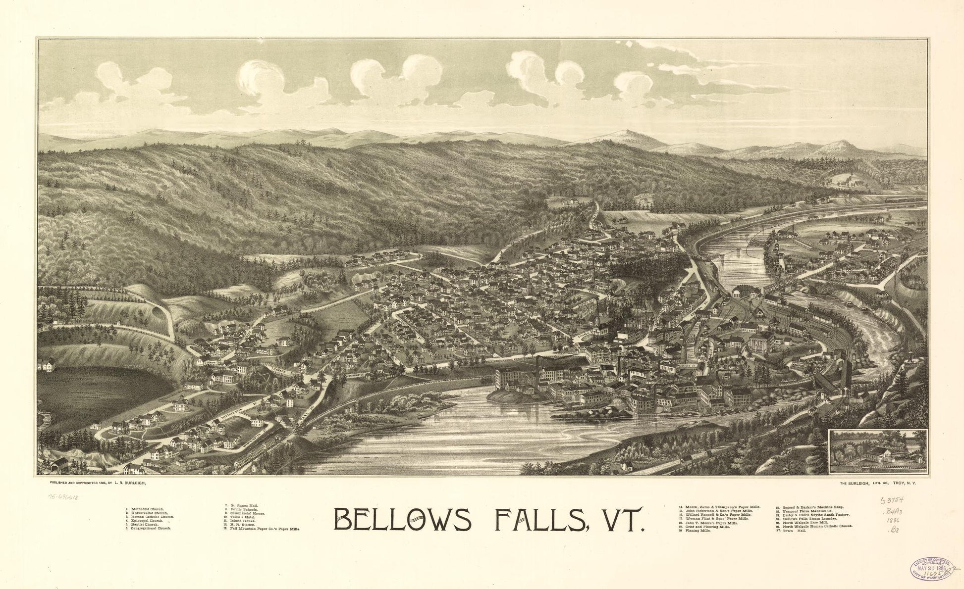 Bellows Falls, Vt. (1886) – Historic Bird’s-Eye View Panorama Print