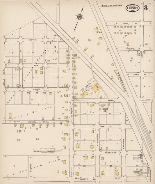 Sanborn Fire Insurance Map from Lufkin, Angelina County, Texas (1922), Sheet #0008 - Historic Sanborn Fire Insurance Map Print, vintage old map wall art, antique decor, genealogy gift, Texas Texas map