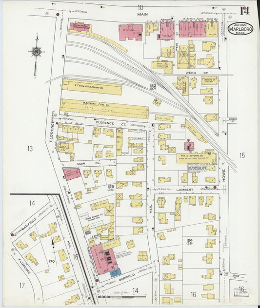 Sanborn Fire Insurance Map from Marlborough, Middlesex County, Massachusetts (1920), Sheet #0014 - Historic Sanborn Fire Insurance Map Print, vintage old map wall art, antique decor, genealogy gift, Massachusetts Massachusetts map