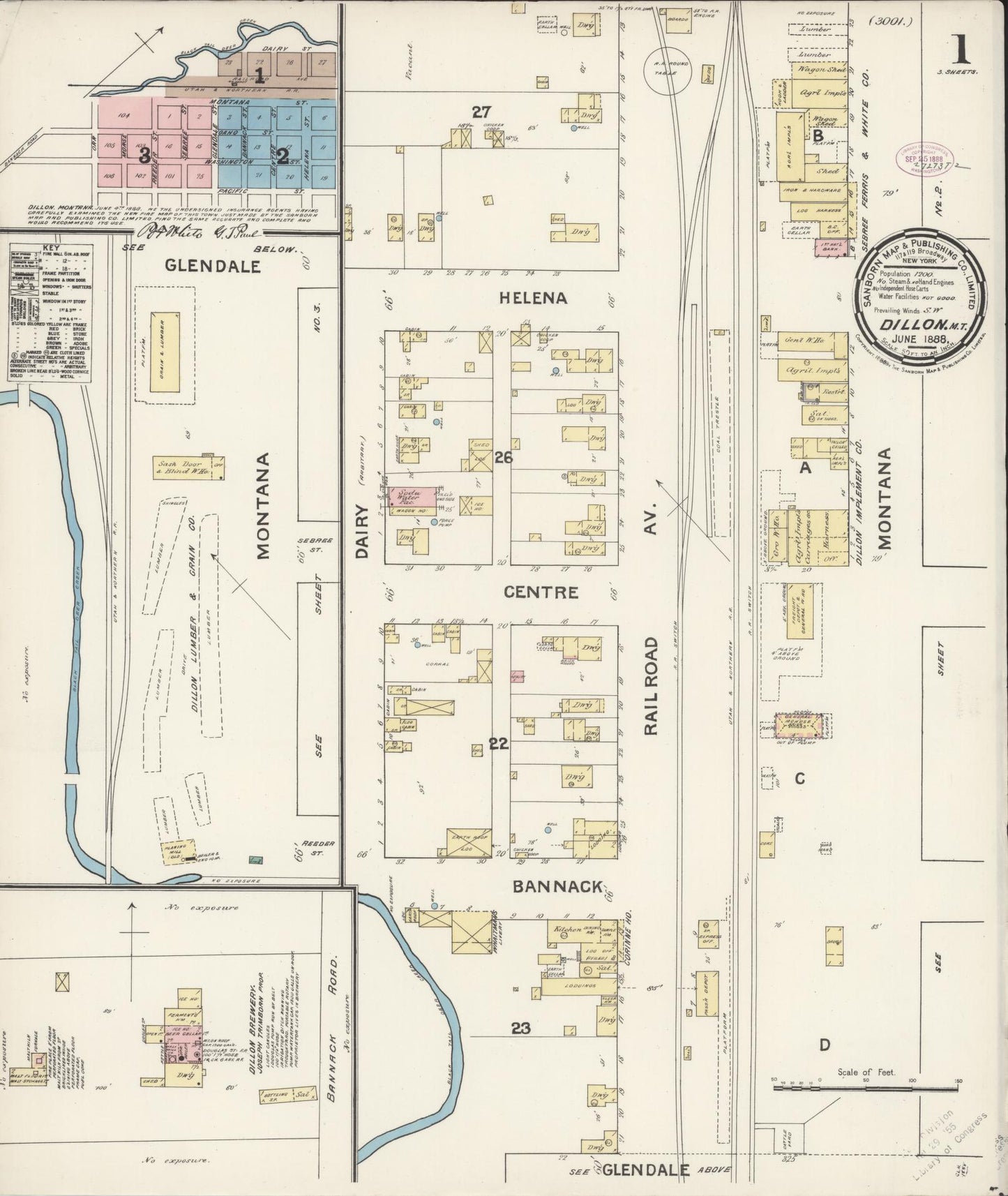Sanborn Fire Insurance Map from Dillon, Beaverhead County, Montana (1888), Sheet #0001 - Historic Sanborn Fire Insurance Map Print, vintage old map wall art, antique decor, genealogy gift, Montana Montana map