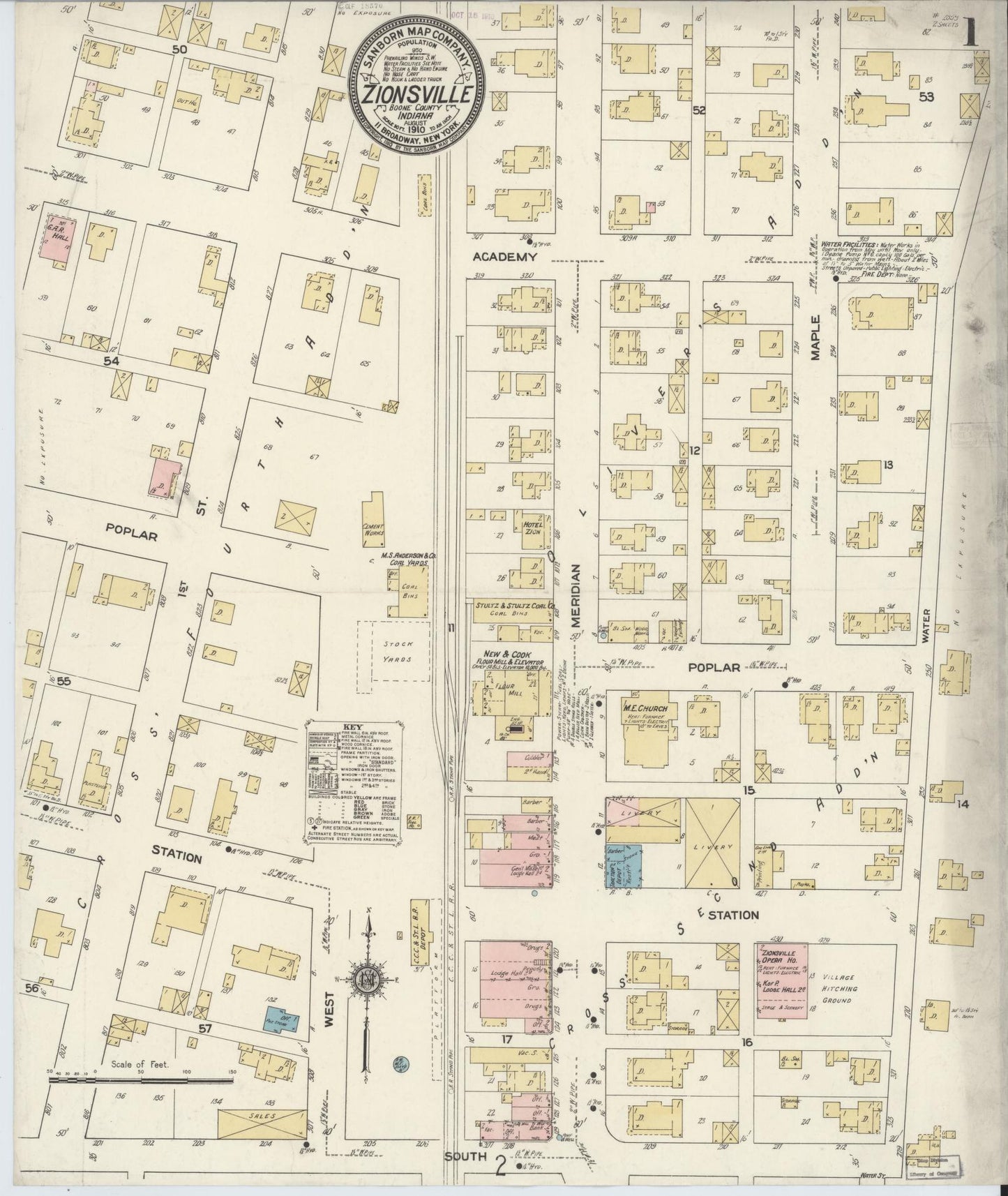 Sanborn Fire Insurance Map from Zionsville, Boone County, Indiana (1910), Sheet #0001 - Complete Map Set gallery image, historic Sanborn map, vintage wall art, Indiana Indiana