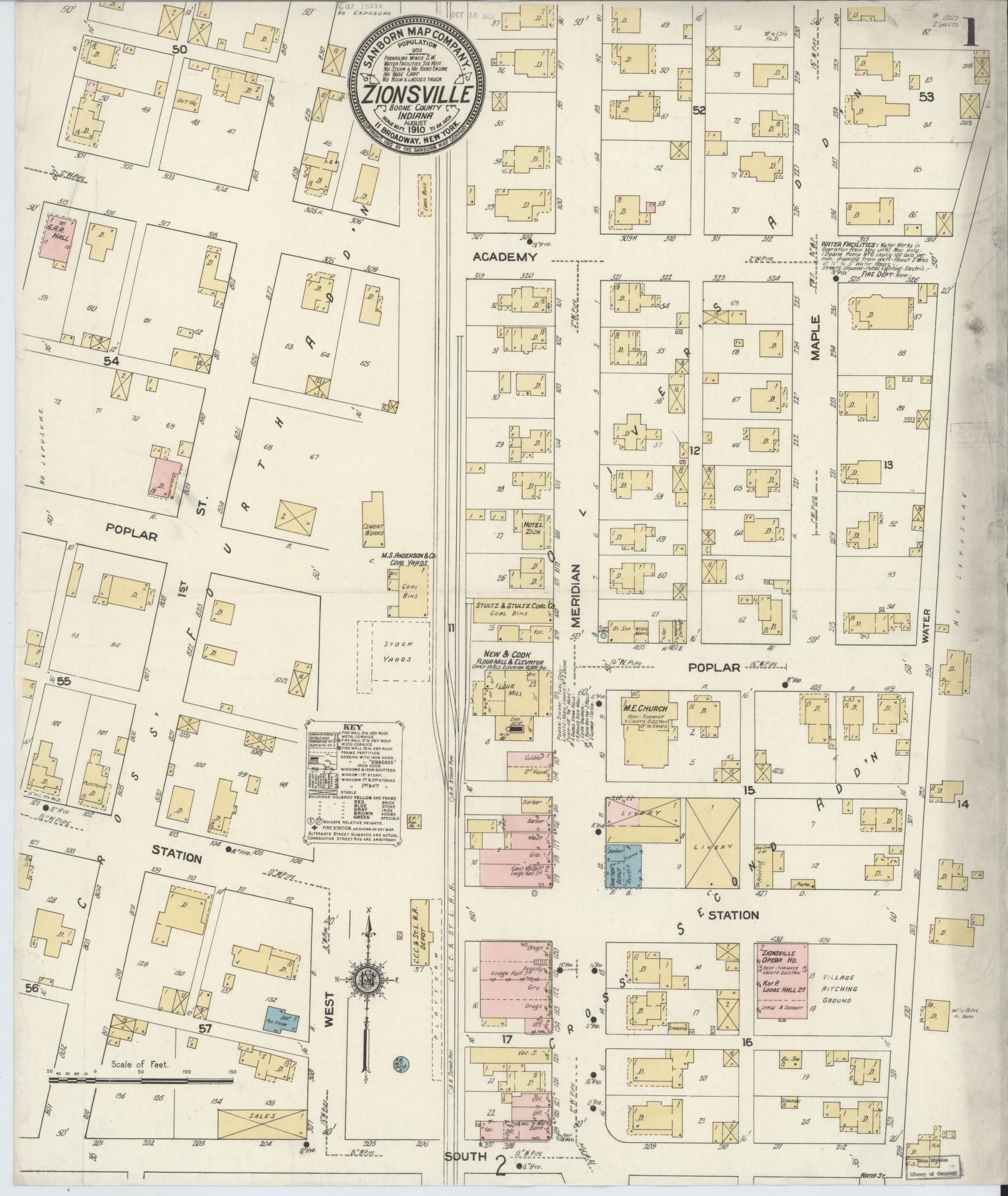 Sanborn Fire Insurance Map from Zionsville, Boone County, Indiana (1910), Sheet #0001 - Complete Map Set gallery image, historic Sanborn map, vintage wall art, Indiana Indiana