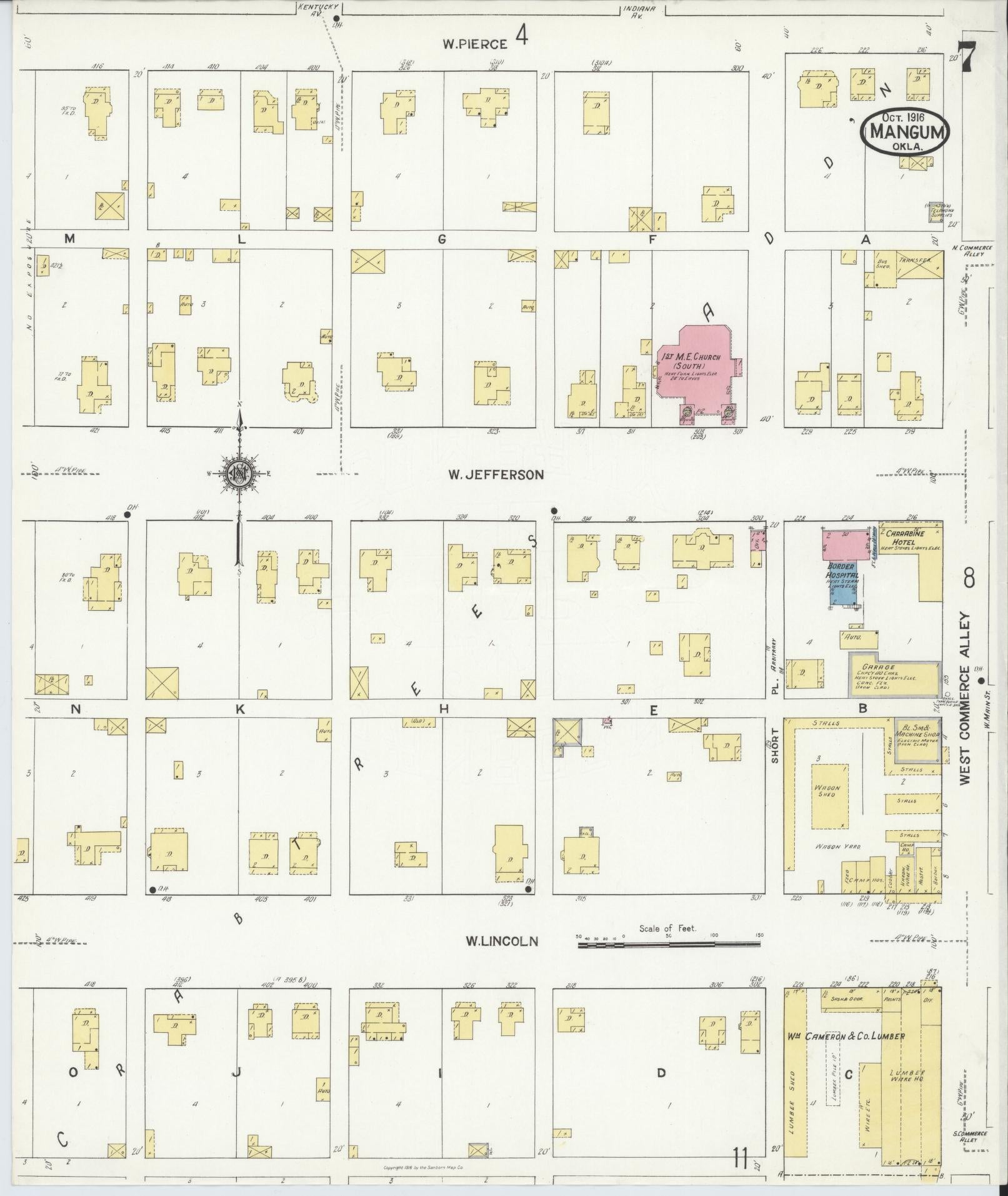 Sanborn Fire Insurance Map from Mangum, Greer County, Oklahoma (1916), Sheet #0007 - Historic Sanborn Fire Insurance Map Print, vintage old map wall art, antique decor, genealogy gift, Oklahoma Oklahoma map