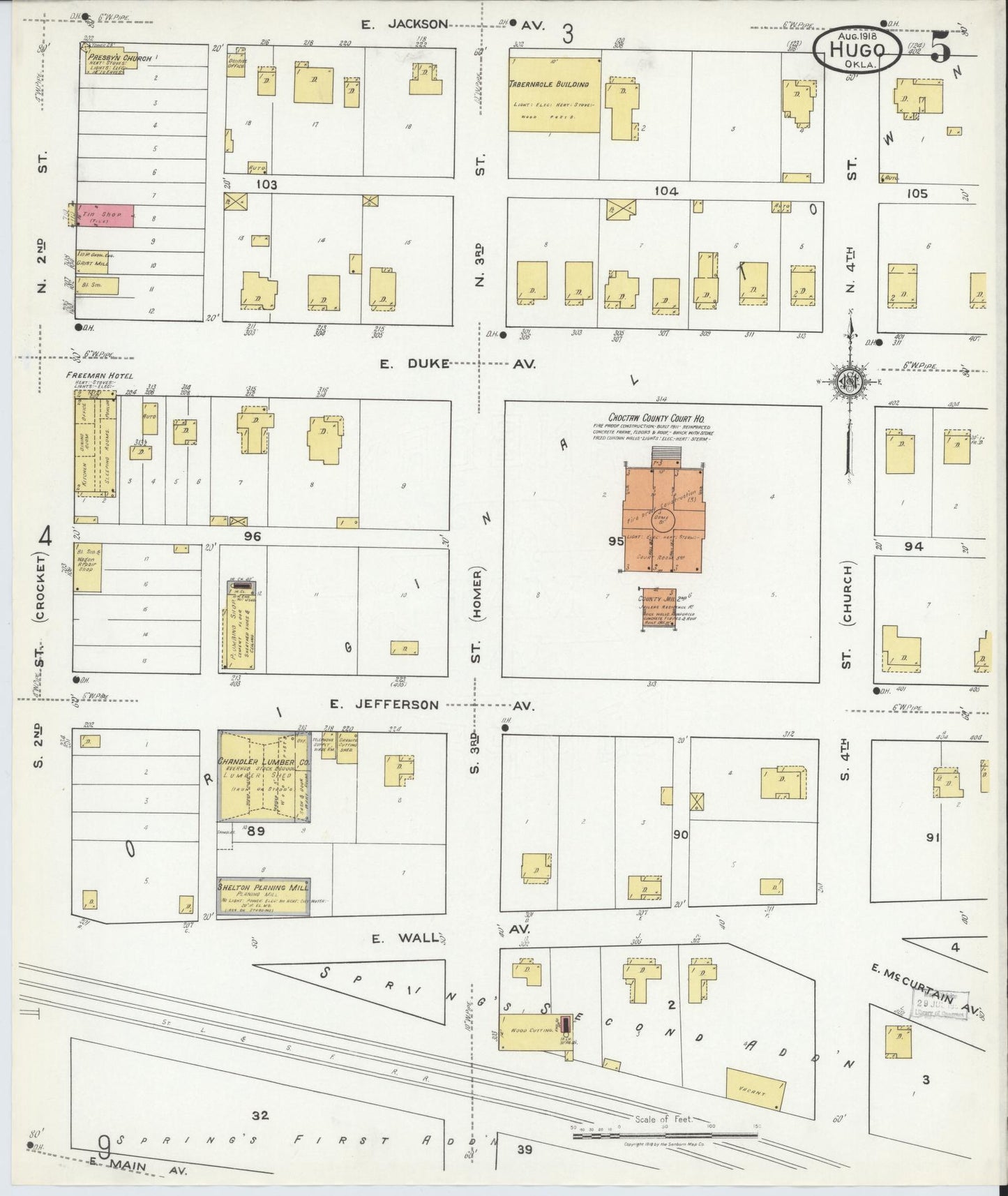 Sanborn Fire Insurance Map from Hugo, Choctaw County, Oklahoma (1918), Sheet #0005 - Historic Sanborn Fire Insurance Map Print, vintage old map wall art, antique decor, genealogy gift, Oklahoma Oklahoma map