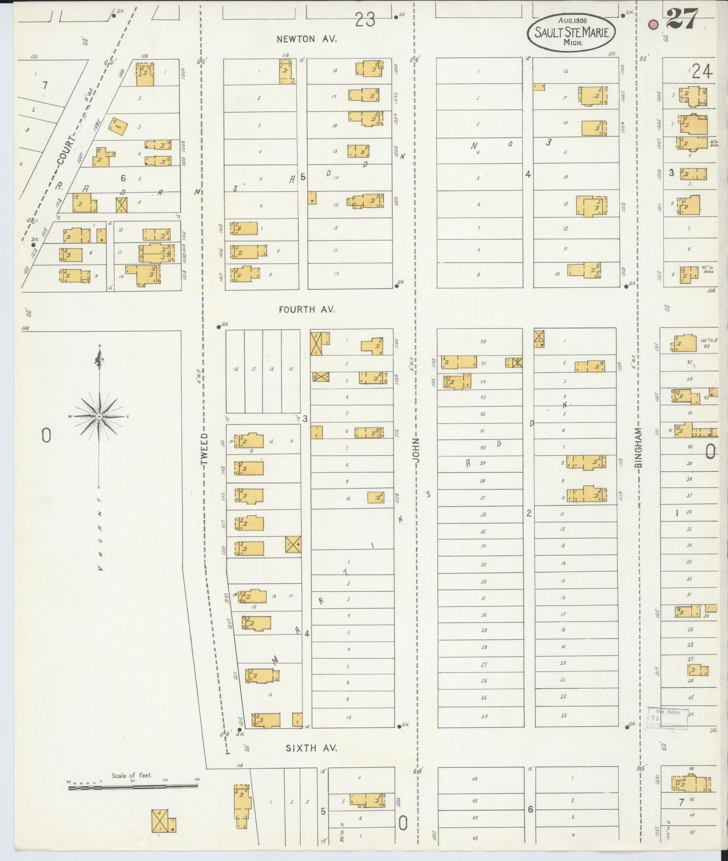 Sanborn Fire Insurance Map from Sault Sainte Marie, Chippewa County, Michigan (1906), Sheet #0027 - Complete Map Set gallery image, historic Sanborn map, vintage wall art, Michigan Michigan
