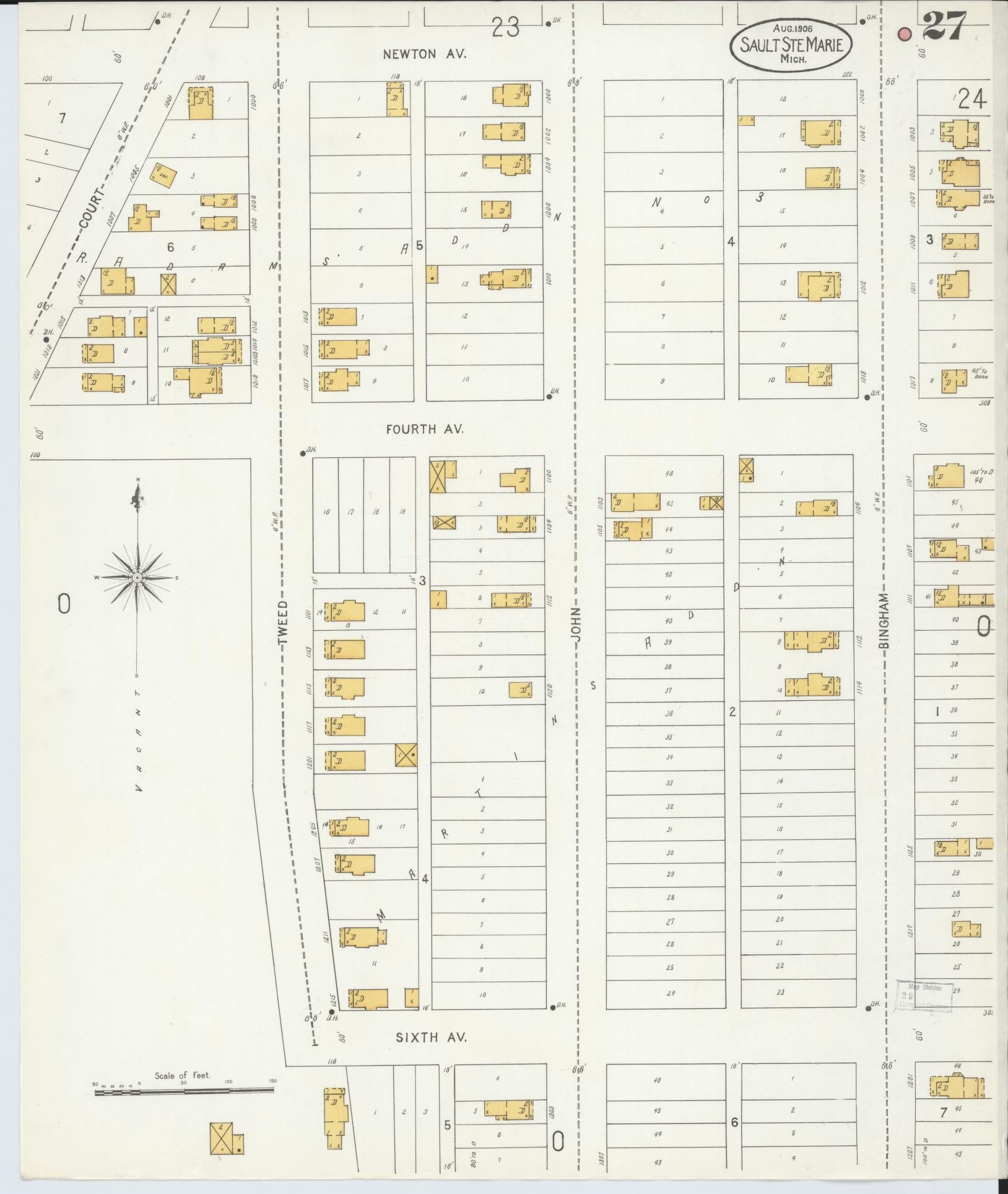 Sanborn Fire Insurance Map from Sault Sainte Marie, Chippewa County, Michigan (1906), Sheet #0027 - Complete Map Set gallery image, historic Sanborn map, vintage wall art, Michigan Michigan