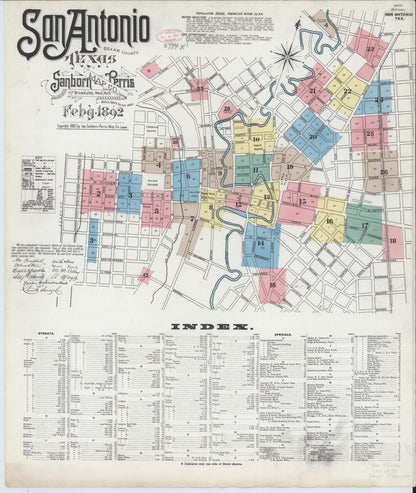 Sanborn Fire Insurance Map from San Antonio, Bexar County, Texas (1892), Sheet #0001 - Historic Sanborn Fire Insurance Map Print, vintage old map wall art, antique decor, genealogy gift, Texas Texas map