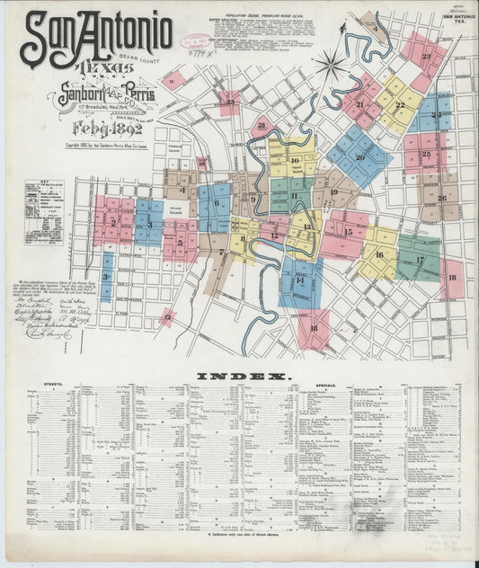 Sanborn Fire Insurance Map from San Antonio, Bexar County, Texas (1892), Sheet #0001 - Historic Sanborn Fire Insurance Map Print, vintage old map wall art, antique decor, genealogy gift, Texas Texas map