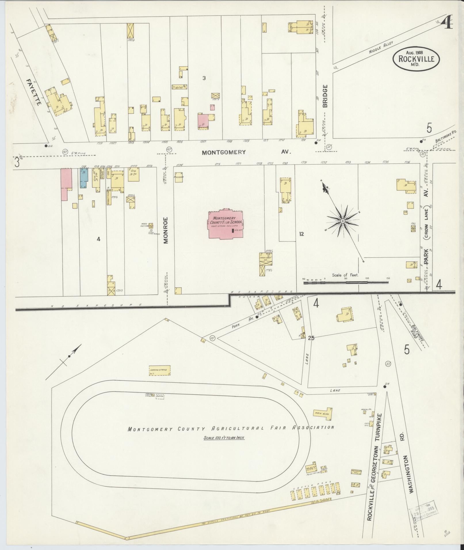 Sanborn Fire Insurance Map from Rockville, Montgomery County, Maryland (1908), Sheet #0004 - Historic Sanborn Fire Insurance Map Print, vintage old map wall art