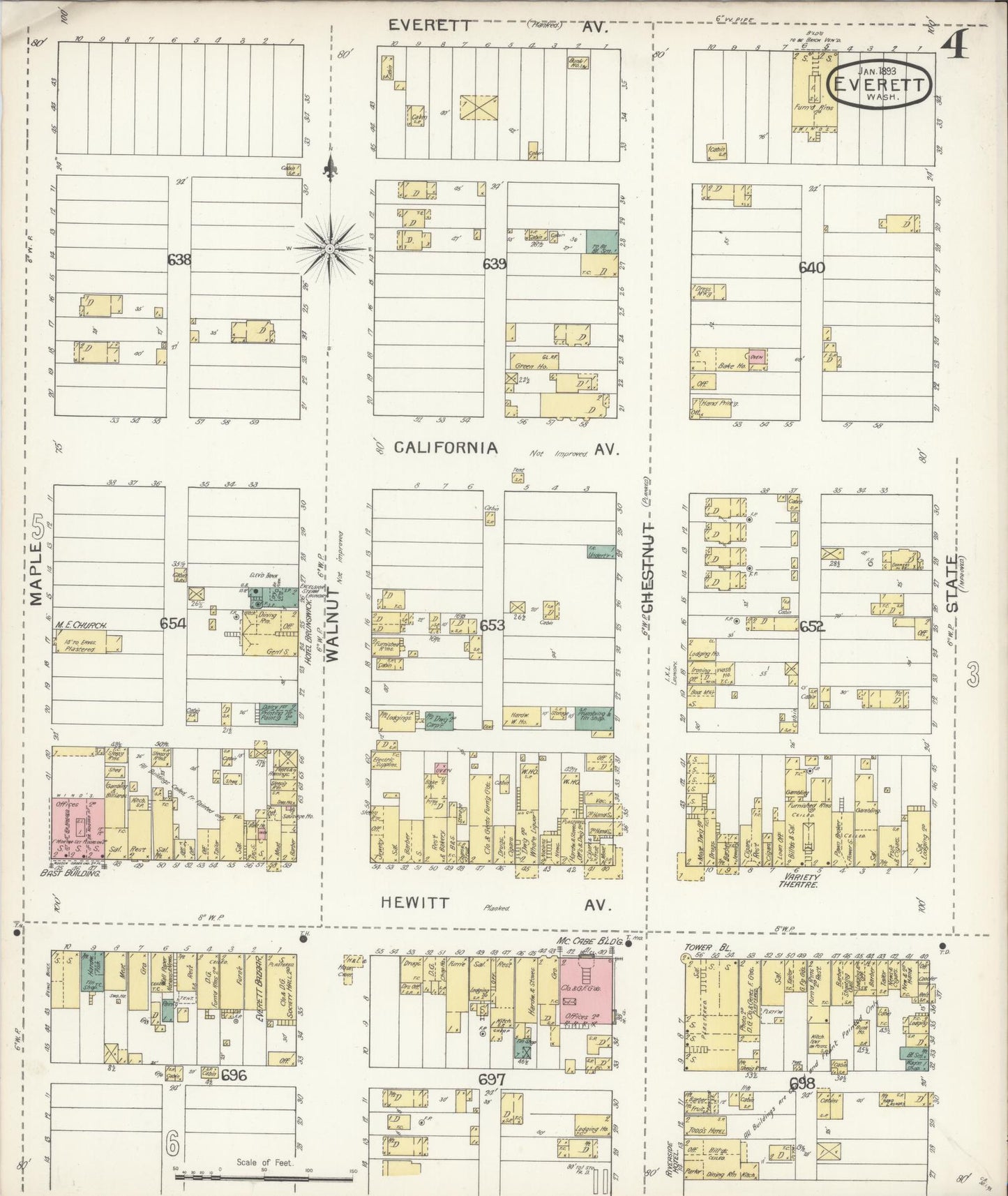 Sanborn Fire Insurance Map from Everett, Snohomish County, Washington (1893), Sheet #0003 - Historic Sanborn Fire Insurance Map Print, vintage old map wall art, antique decor, genealogy gift, Washington Washington map