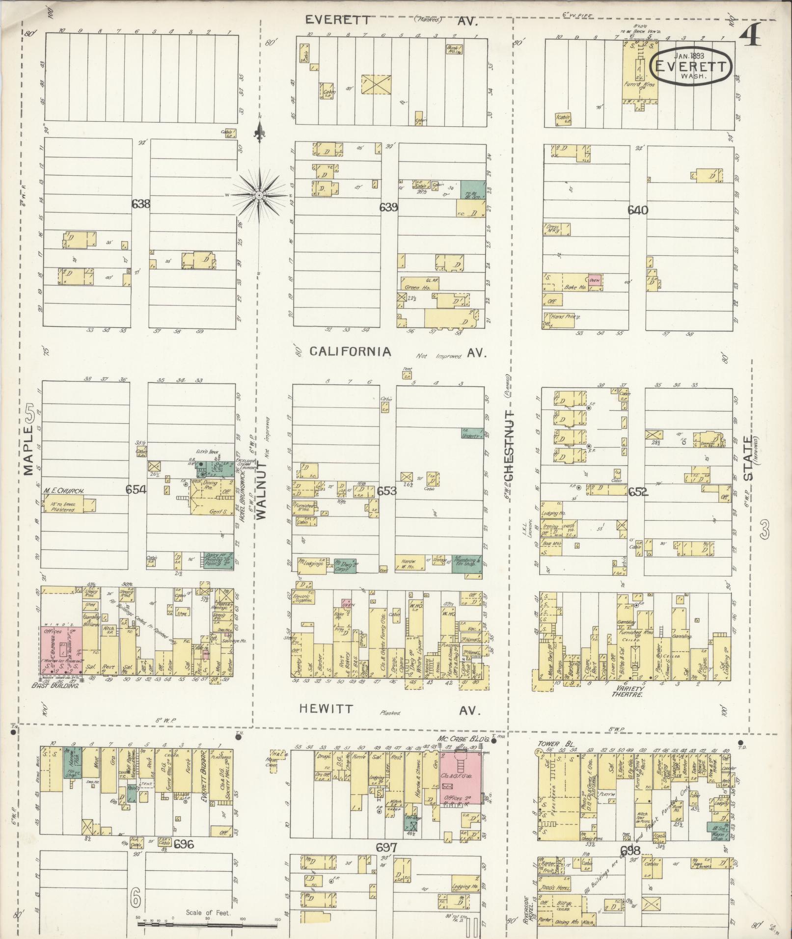 Sanborn Fire Insurance Map from Everett, Snohomish County, Washington (1893), Sheet #0003 - Historic Sanborn Fire Insurance Map Print, vintage old map wall art, antique decor, genealogy gift, Washington Washington map