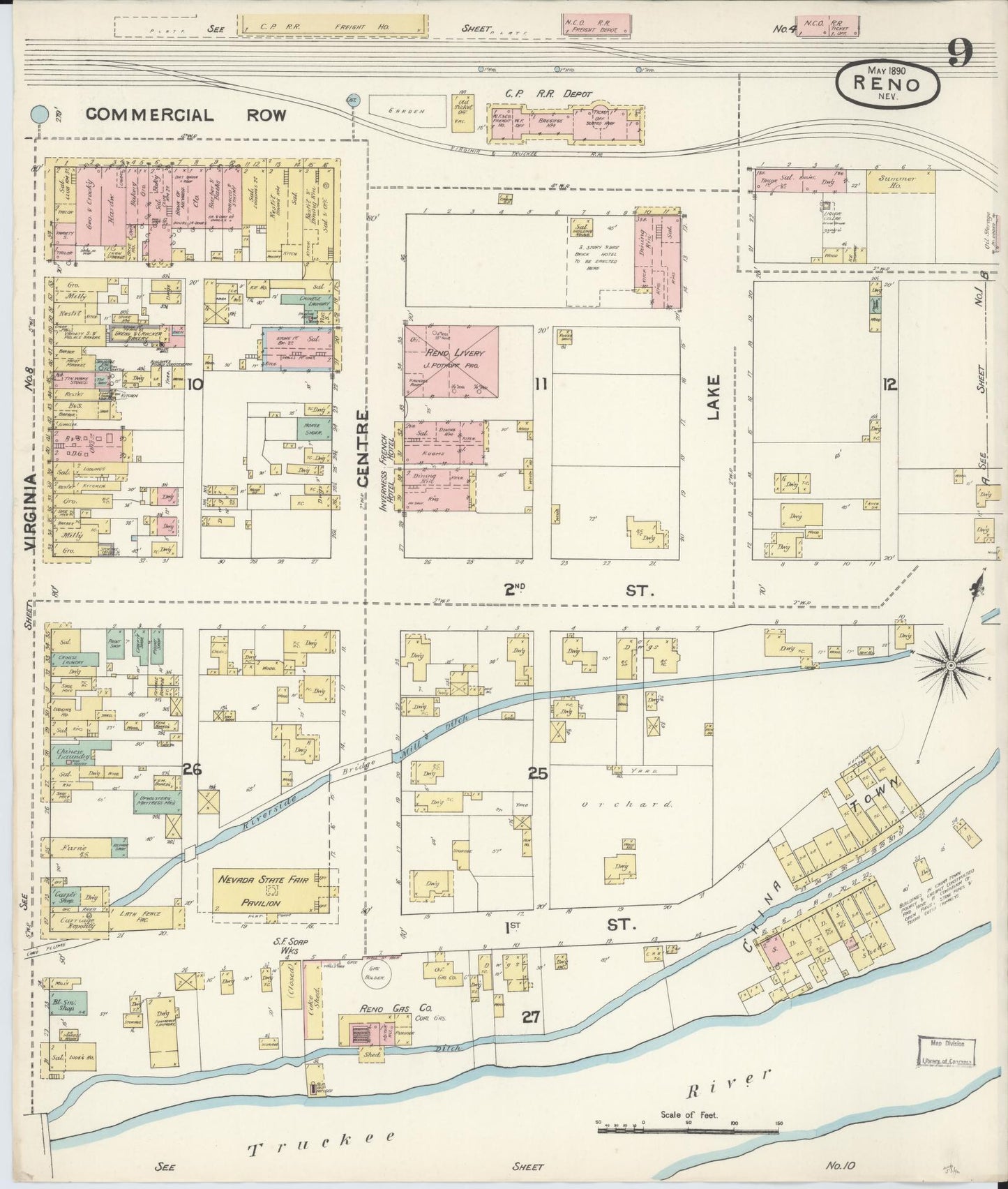 Sanborn Fire Insurance Map from Reno, Washoe County, Nevada (1890), Sheet #0009 - Complete Map Set gallery image, historic Sanborn map, vintage wall art, Nevada Nevada