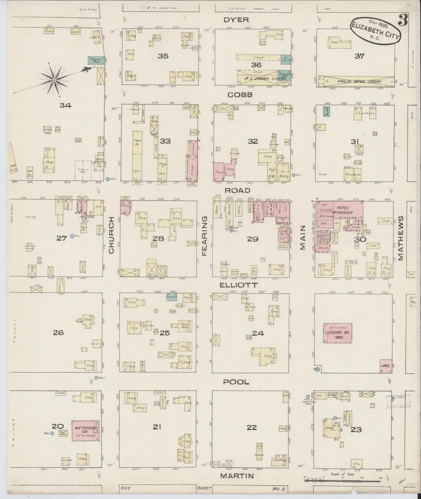 Sanborn Fire Insurance Map from Elizabeth City, Pasquotank County, North Carolina (1885), Sheet #0003 - Historic Sanborn Fire Insurance Map Print, vintage old map wall art, antique decor, genealogy gift, North Carolina North Carolina map