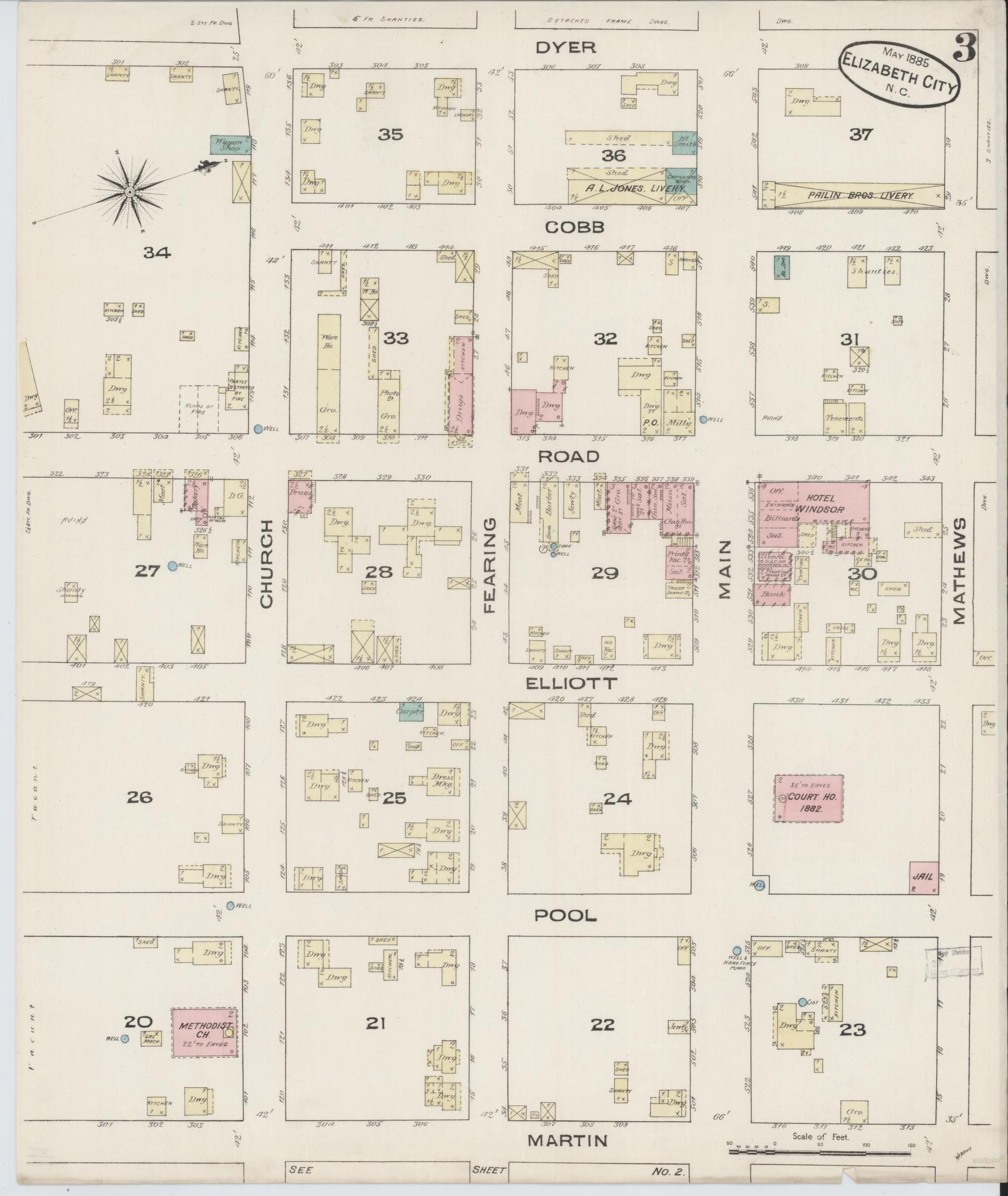 Sanborn Fire Insurance Map from Elizabeth City, Pasquotank County, North Carolina (1885), Sheet #0003 - Historic Sanborn Fire Insurance Map Print, vintage old map wall art, antique decor, genealogy gift, North Carolina North Carolina map