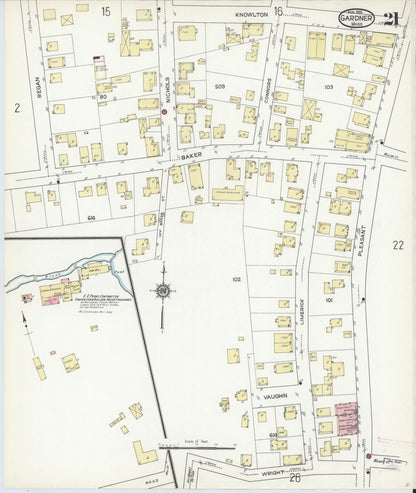 Sanborn Fire Insurance Map from Gardner, Worcester County, Massachusetts (1914), Sheet #0021 - Historic Sanborn Fire Insurance Map Print, vintage old map wall art, antique decor, genealogy gift, Massachusetts Massachusetts map
