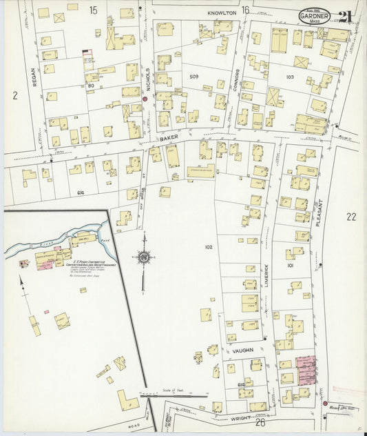 Sanborn Fire Insurance Map from Gardner, Worcester County, Massachusetts (1914), Sheet #0021 - Historic Sanborn Fire Insurance Map Print, vintage old map wall art, antique decor, genealogy gift, Massachusetts Massachusetts map