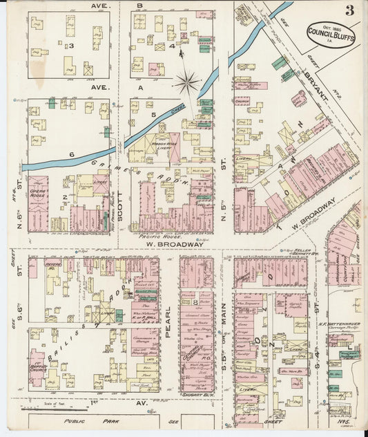 Sanborn Fire Insurance Map from Council Bluffs, Pottawattamie County, Iowa (1885), Sheet #0003 - Historic Sanborn Fire Insurance Map Print, vintage old map wall art