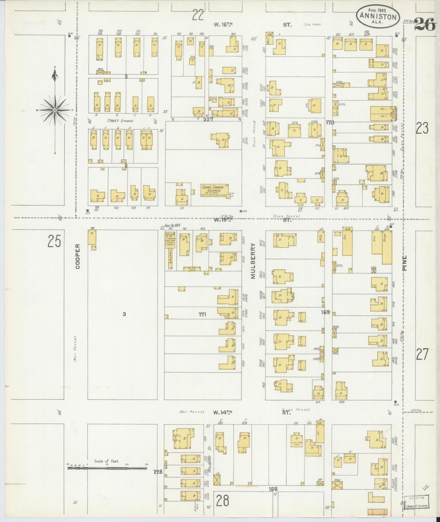 Sanborn Fire Insurance Map from Anniston, Calhoun County, Alabama (1905), Sheet #0026 - Historic Sanborn Fire Insurance Map Print, vintage old map wall art, antique decor, genealogy gift, Alabama Alabama map