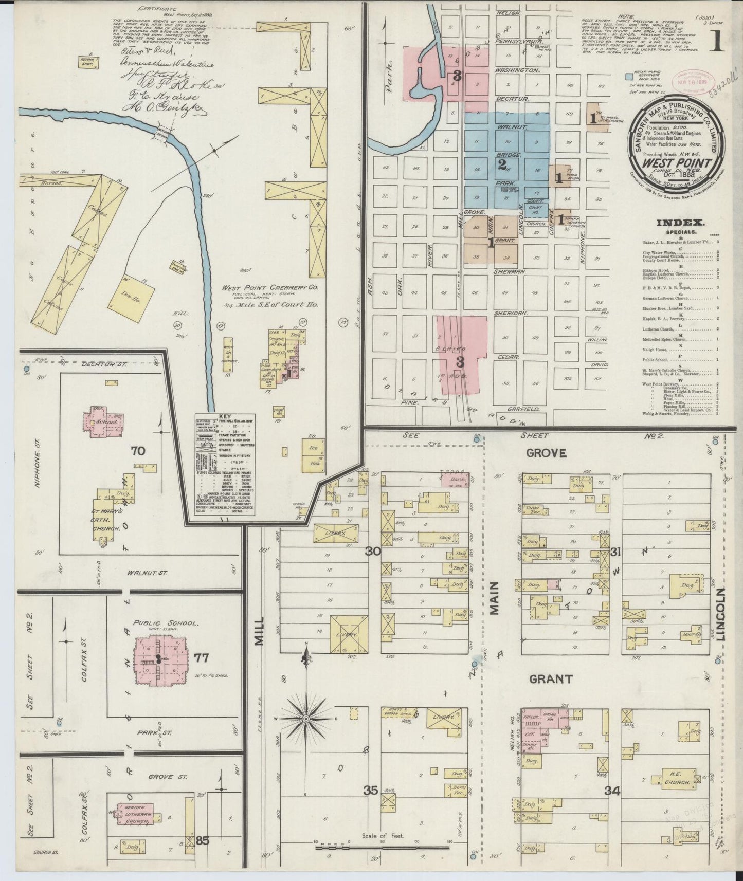 Sanborn Fire Insurance Map from West Point, Cuming County, Nebraska (1889), Sheet #0001 - Complete Map Set gallery image, historic Sanborn map, vintage wall art, Nebraska Nebraska