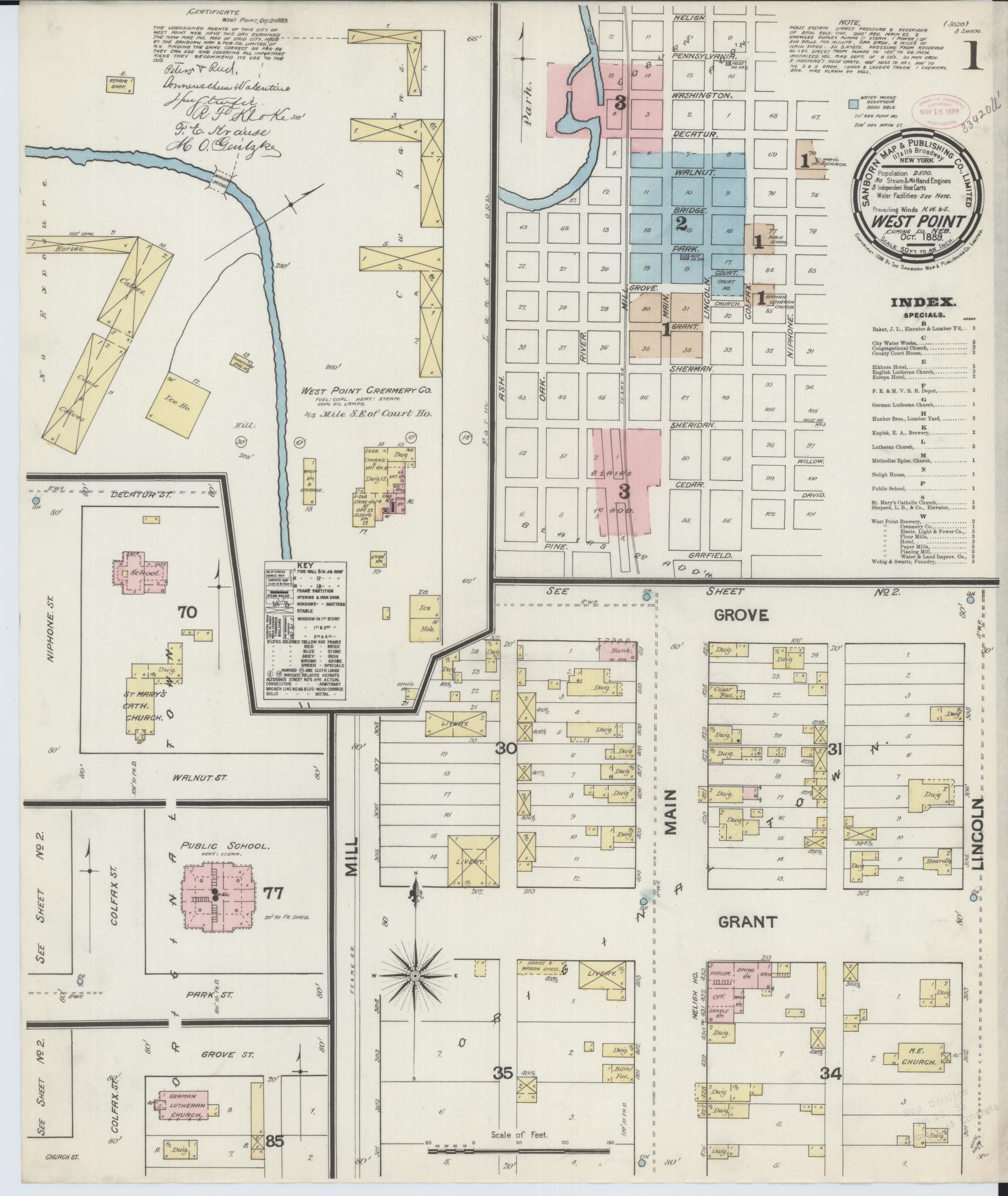 Sanborn Fire Insurance Map from West Point, Cuming County, Nebraska (1889), Sheet #0001 - Complete Map Set gallery image, historic Sanborn map, vintage wall art, Nebraska Nebraska