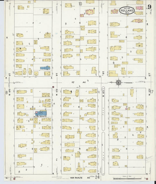 Sanborn Fire Insurance Map from Holland, Ottawa County, Michigan (1916), Sheet #0009 - Historic Sanborn Fire Insurance Map Print, vintage old map wall art, antique decor, genealogy gift, Michigan Michigan map