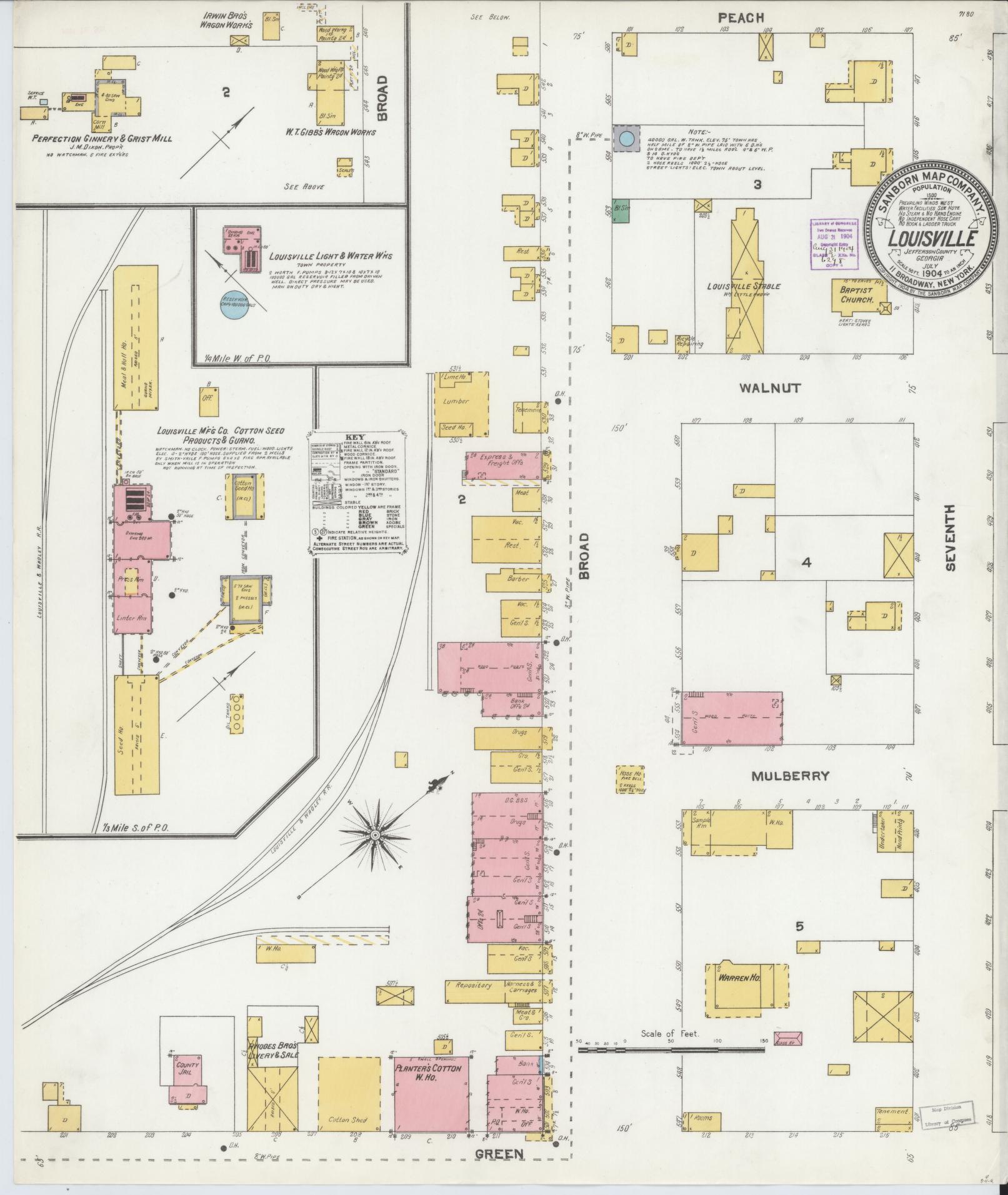 Sanborn Fire Insurance Map from Louisville, Jefferson County, Georgia (1904), Sheet #0001 - Historic Sanborn Fire Insurance Map Print, vintage old map wall art, antique decor, genealogy gift, Georgia Georgia map