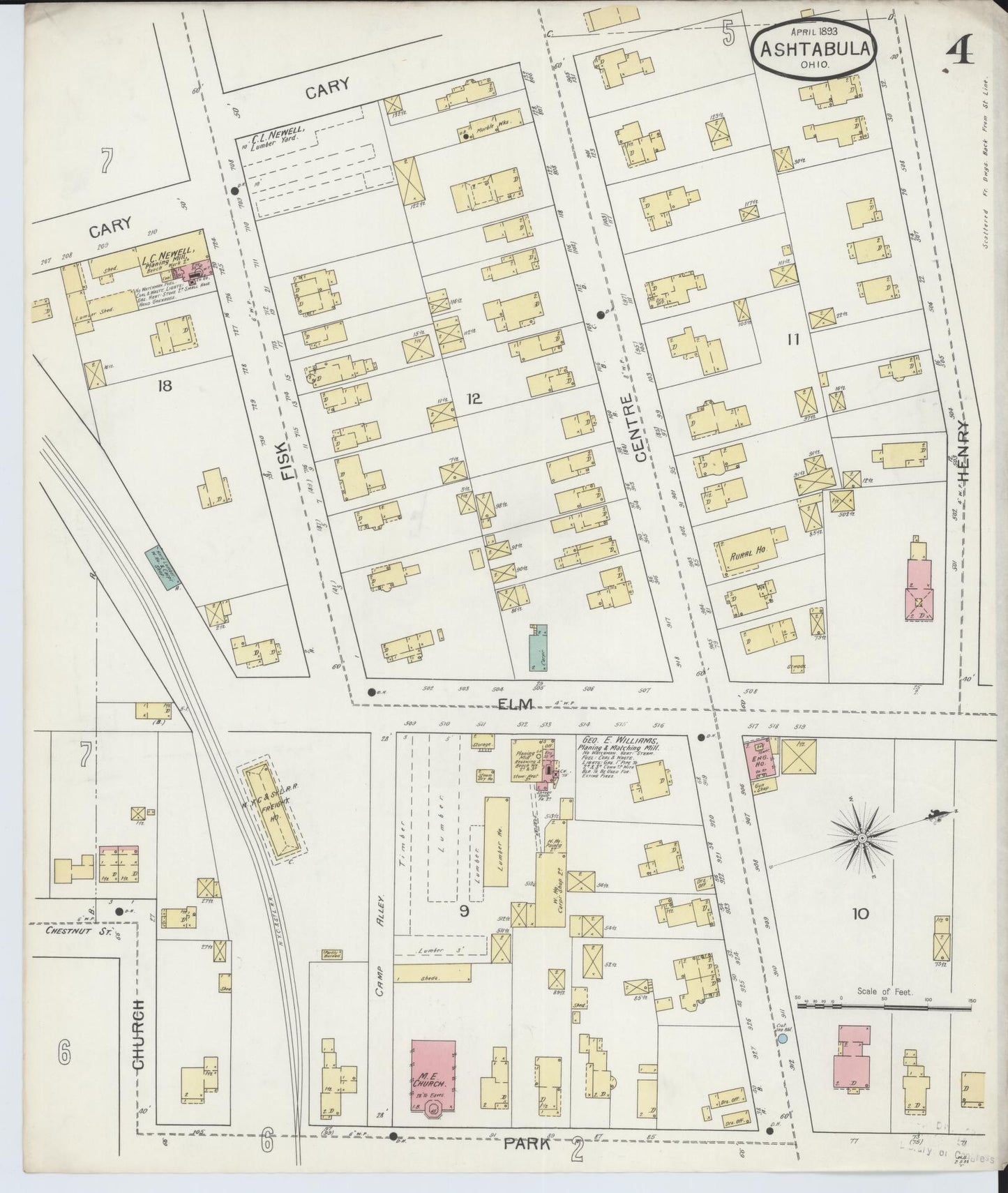 Sanborn Fire Insurance Map from Ashtabula, Ashtabula County, Ohio (1893), Sheet #0004 - Historic Sanborn Fire Insurance Map Print, vintage old map wall art, antique decor, genealogy gift, Ohio Ohio map